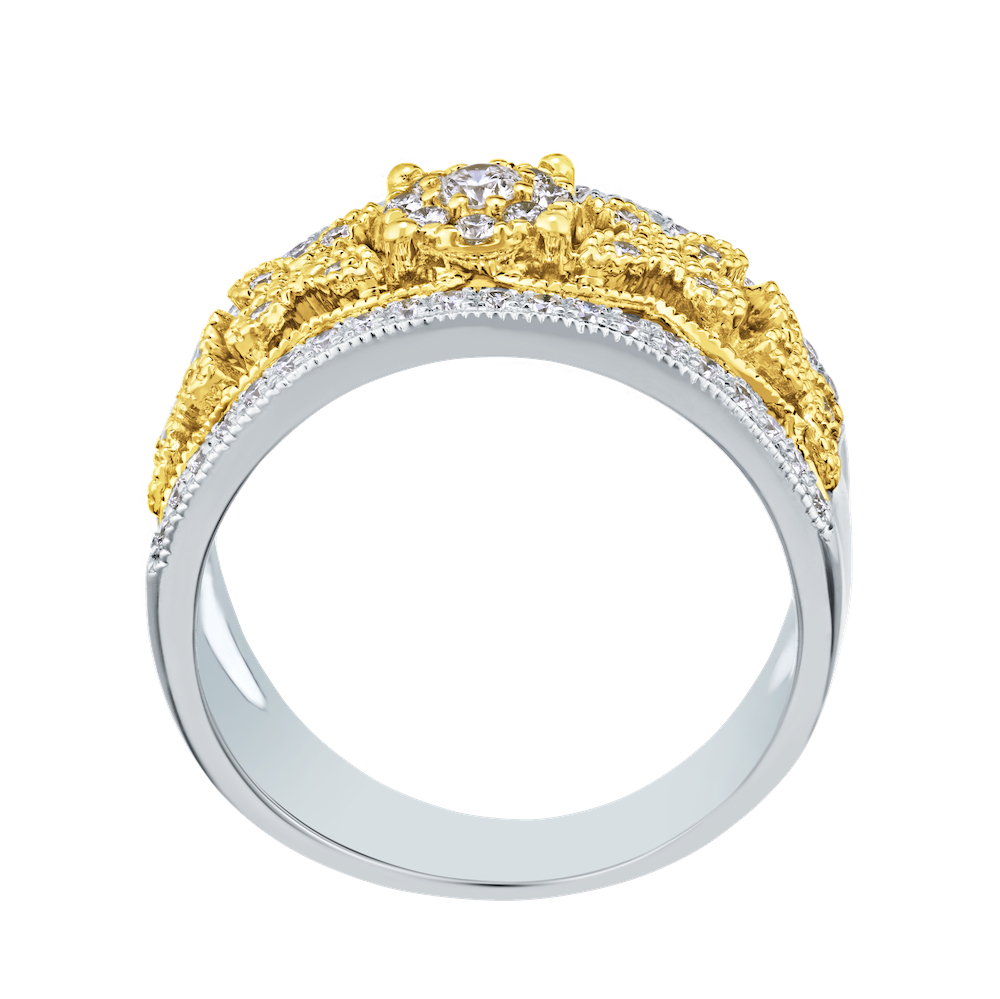 14K Two Tone Ring Wide Filigree Flower & Leaf Bead Set Rails Diamond 0.50 Ctw