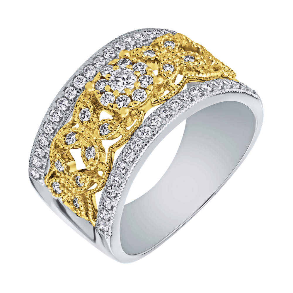 14K Two Tone Ring Wide Filigree Flower & Leaf Bead Set Rails Diamond 0.50 Ctw