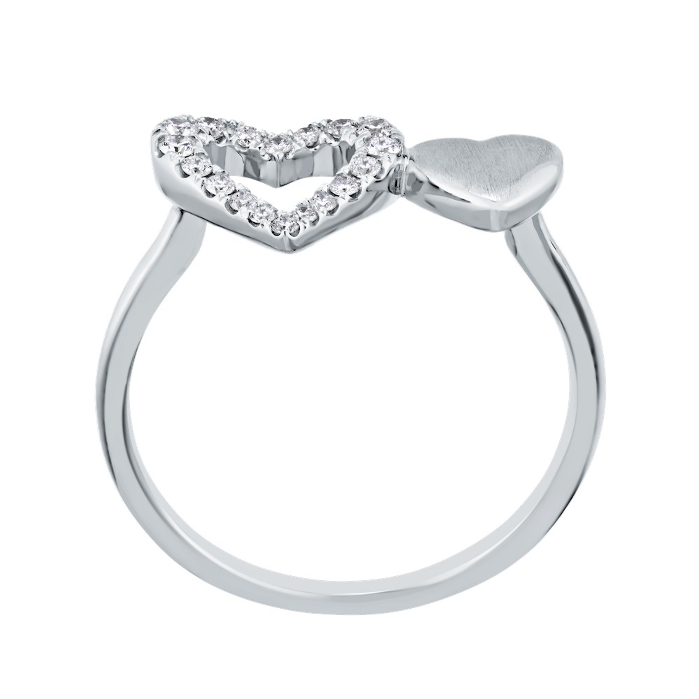 14K White Gold Ring Double Heart, One Satin Finished, One Cutout Diamond 0.20 Ctw