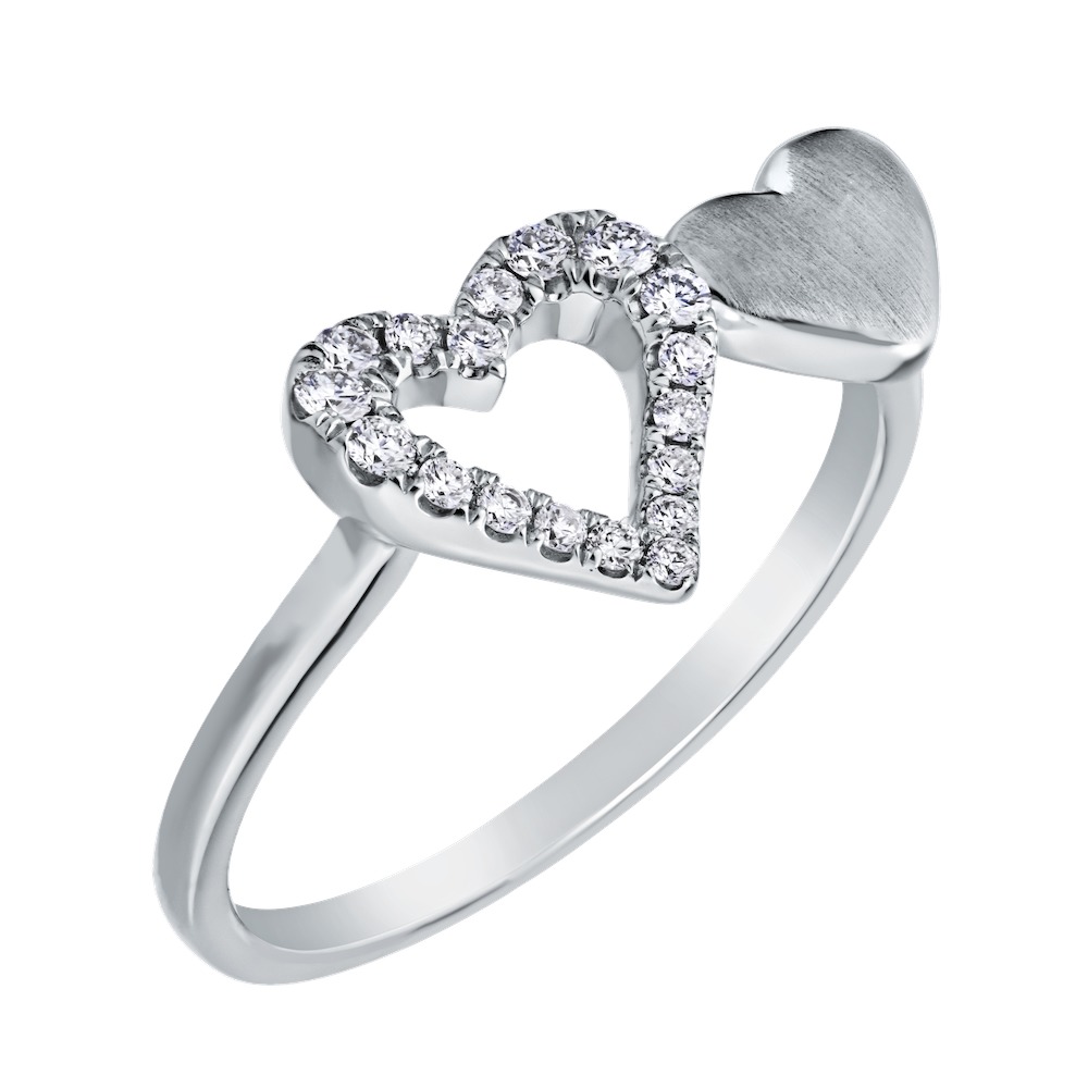14K White Gold Ring Double Heart, One Satin Finished, One Cutout Diamond 0.20 Ctw