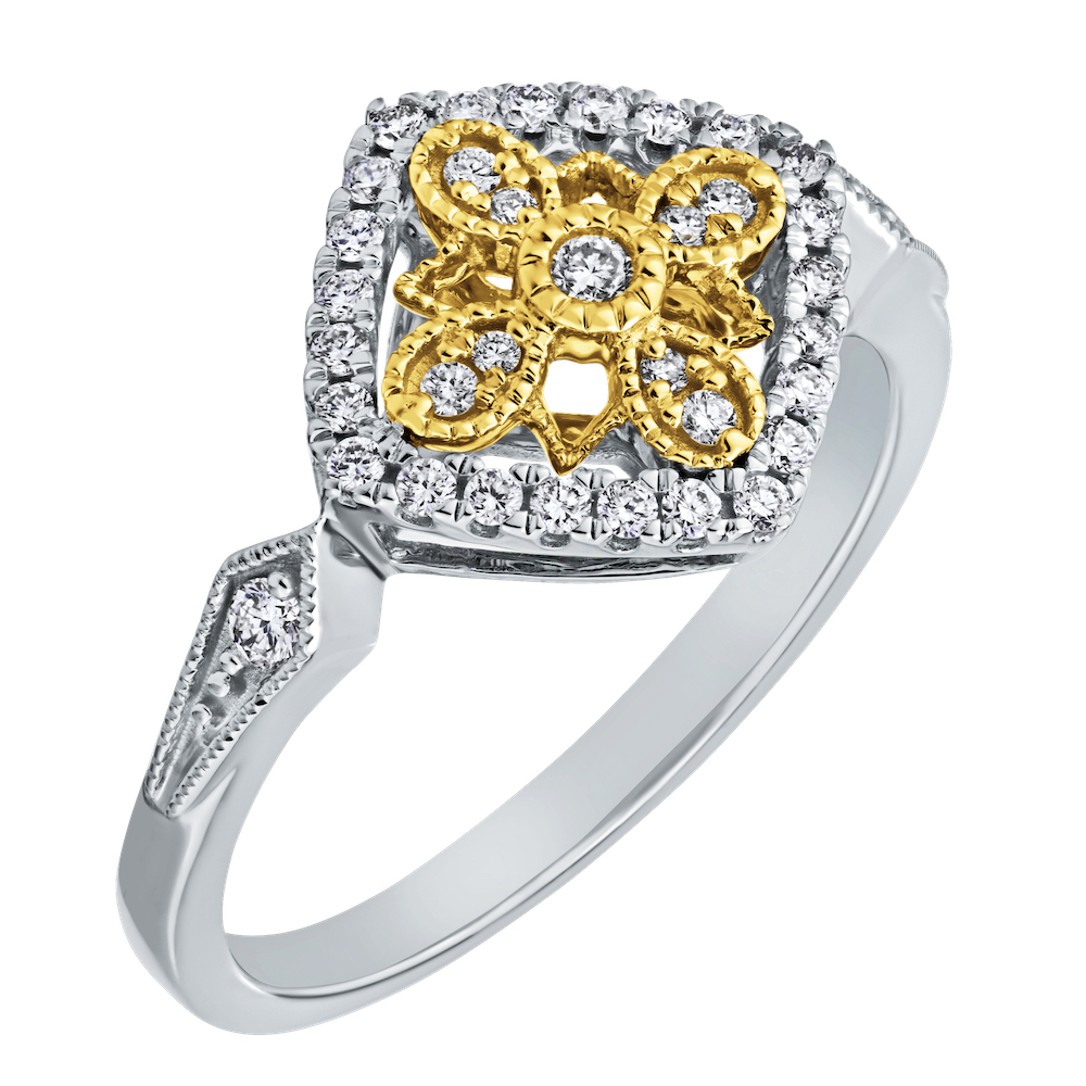 14K Two Tone Ring Kite Shape Filigree Flower Center Diamond 0.25 Ctw