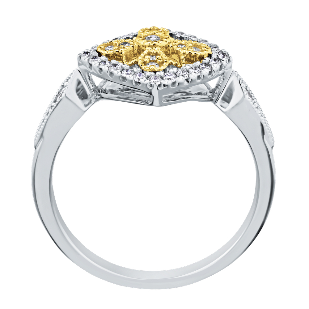 14K Two Tone Ring Kite Shape Filigree Flower Center Diamond 0.25 Ctw