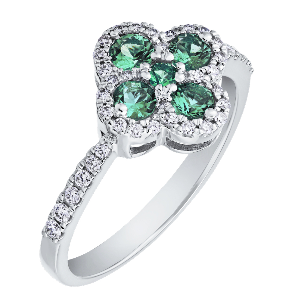 Majestic Gems&trade; 14K White Gold Color Stone Clover with Diamond Halo 0.75 Ctw