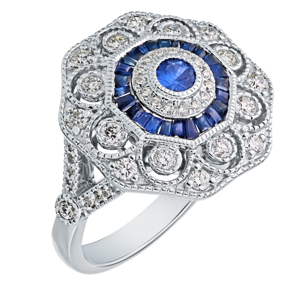 Vintage Treasures&trade; 14k White Gold Hexagonal Filigree with Color Center Ring Diamond & Blue Sapphire 1.75 Ctw