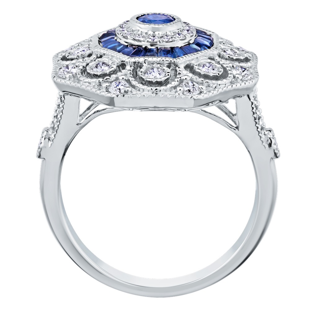 Vintage Treasures&trade; 14k White Gold Hexagonal Filigree with Color Center Ring Diamond & Blue Sapphire 1.75 Ctw