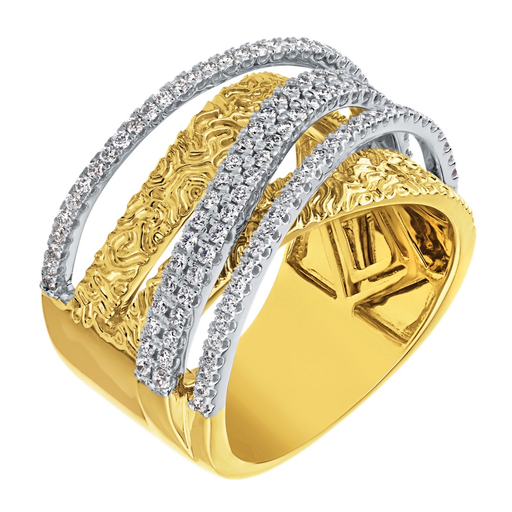 14K Two Tone Wide Textured with Multi Rows Pave Set Overlay Diamond Ring 0.65 Ctw