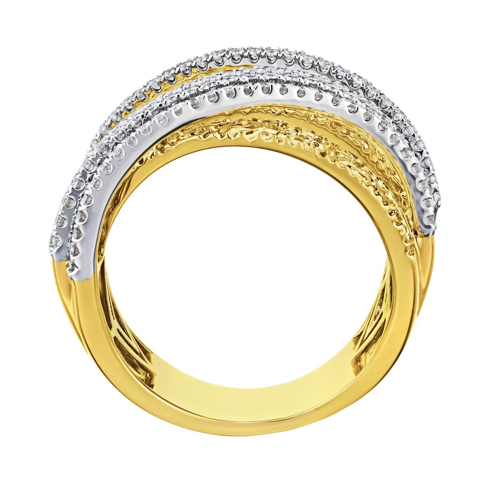 14K Two Tone Wide Textured with Multi Rows Pave Set Overlay Diamond Ring 0.65 Ctw