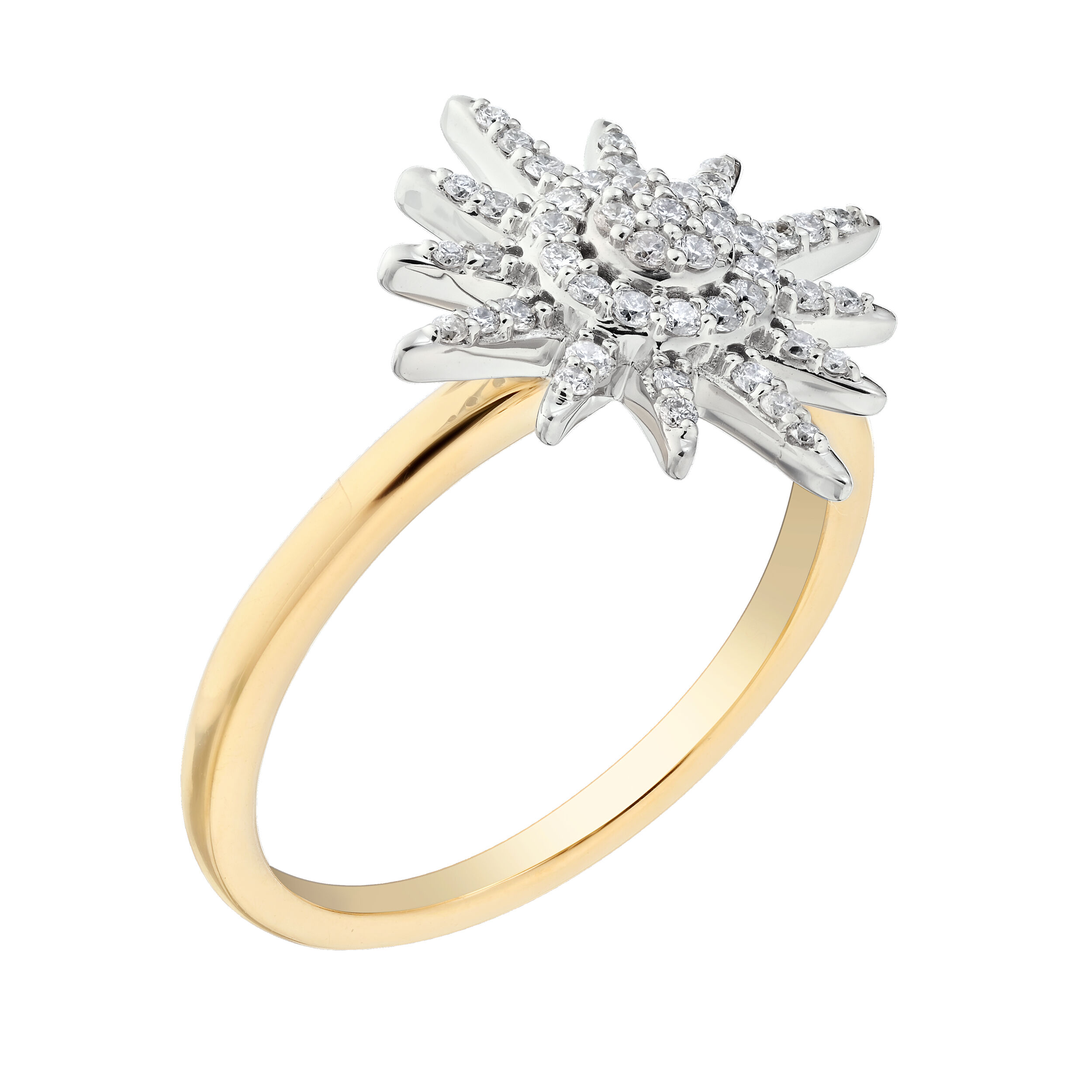14K Two Tone Ring Starburst Cluster Center Diamonds Shoulders Diamond 0.20 Ctw