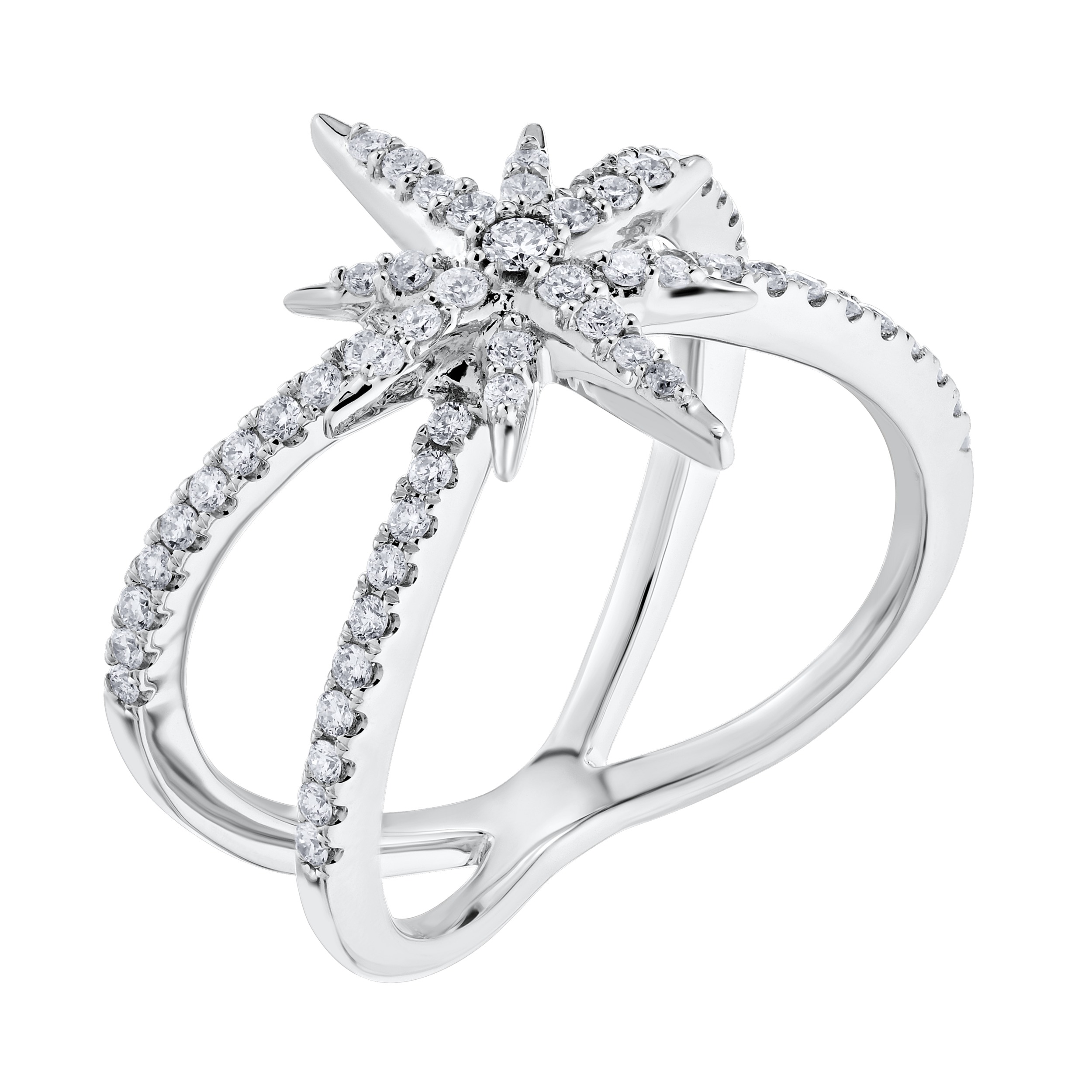 14K White Gold Ring Starburst Pave Reverse Split Shank Diamond 0.40 Ctw