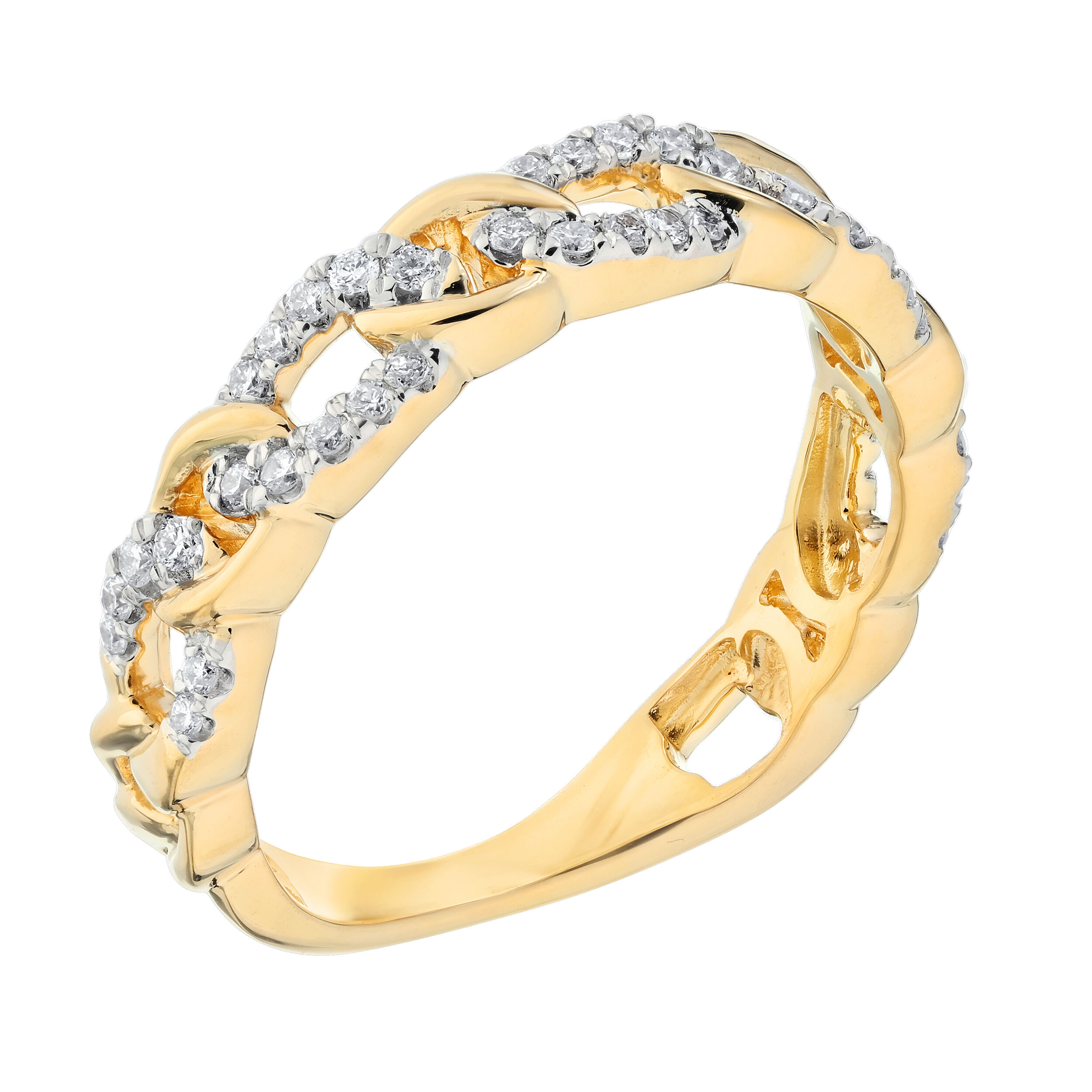 14K Yellow Gold Chain Link Alternating Pave & Polished Diamond Ring 0.25 Ctw