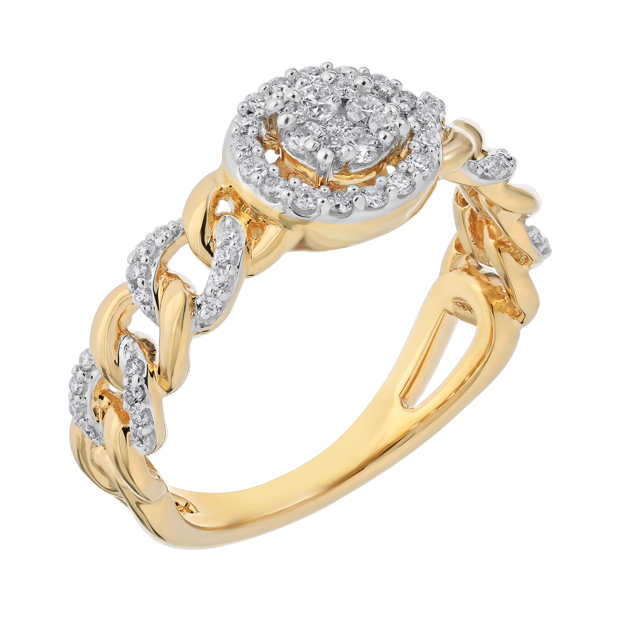 14K Two Tone Ring Ring: 14TT Round Cluster Center w/Halo Chain Shank 58 Rd. 1/3 Ctw Diamond 0.33 Ctw