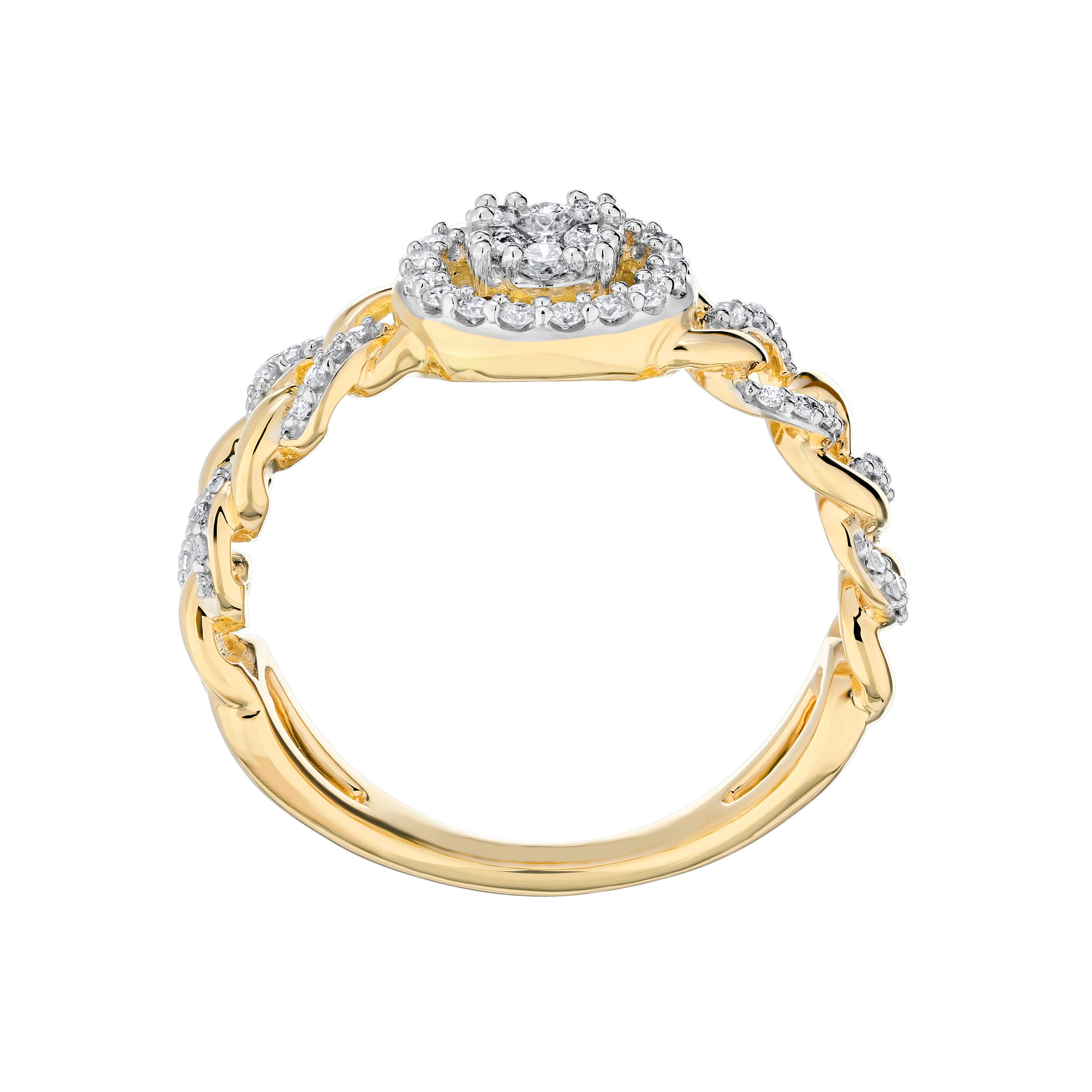 14K Two Tone Ring Ring: 14TT Round Cluster Center w/Halo Chain Shank 58 Rd. 1/3 Ctw Diamond 0.33 Ctw
