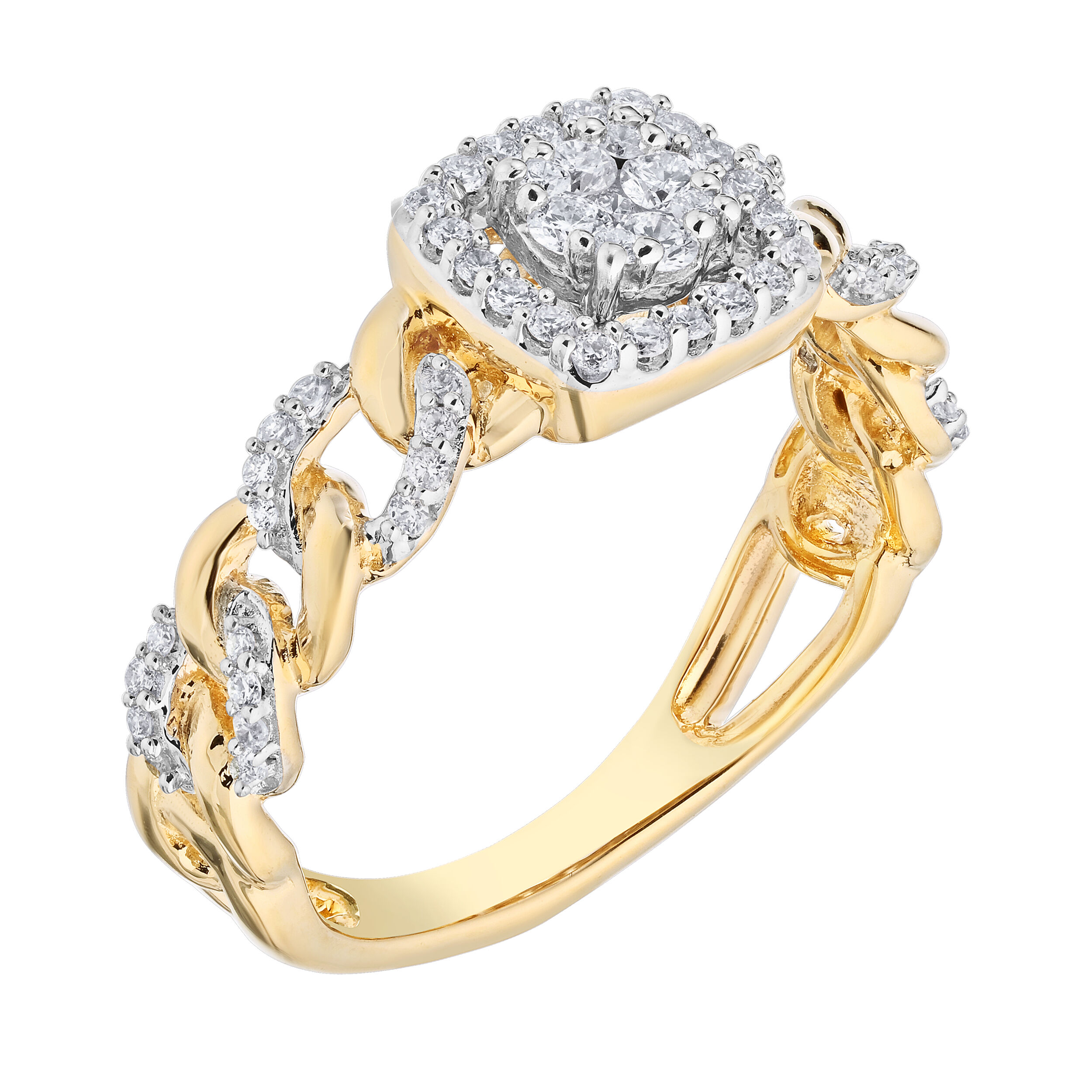 14K Two Tone Ring Cushion Shape Halo w/Cluster Center Chain Shank Diamond 0.33 Ctw