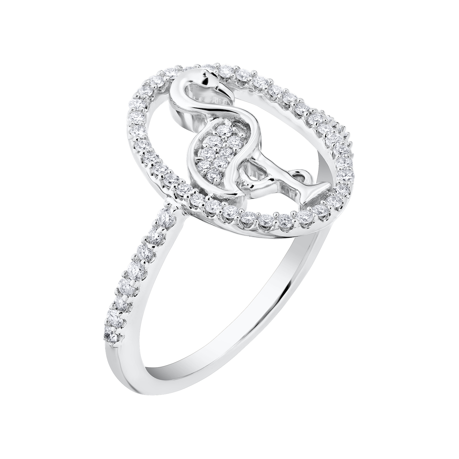 OCEANITY &trade; 14k White Gold Ring Flamingo One Leg in Cutout Oval Textured Shoulders Diamond 0.25 Ctw