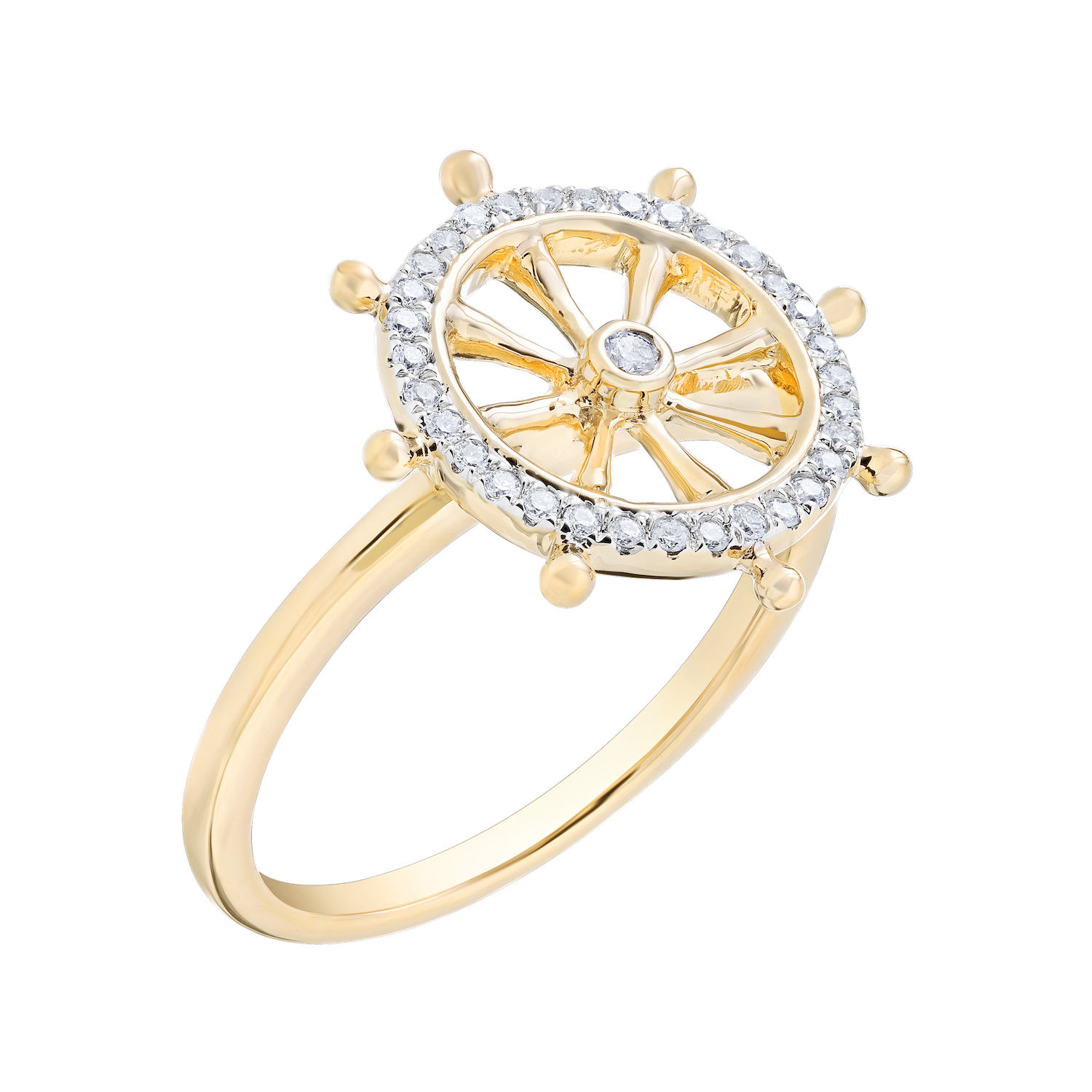 BluSea&trade; 14k Two Tone Ring Ships Wheel Diamond Surround Diamond 0.15 Ctw