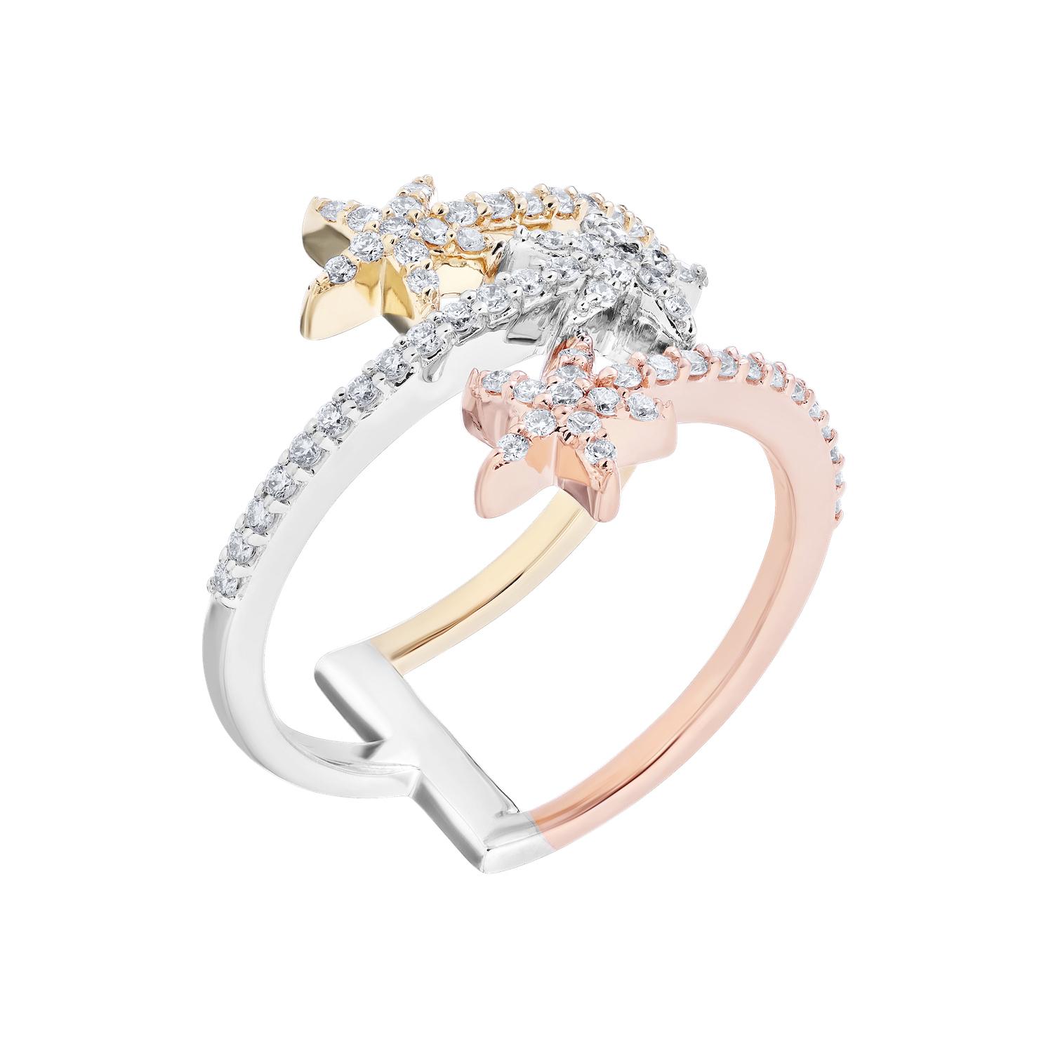 OCEANITY &trade; 14k Two Tone Ring 3 Starfish Bypass Wrap Diamond 0.40 Ctw