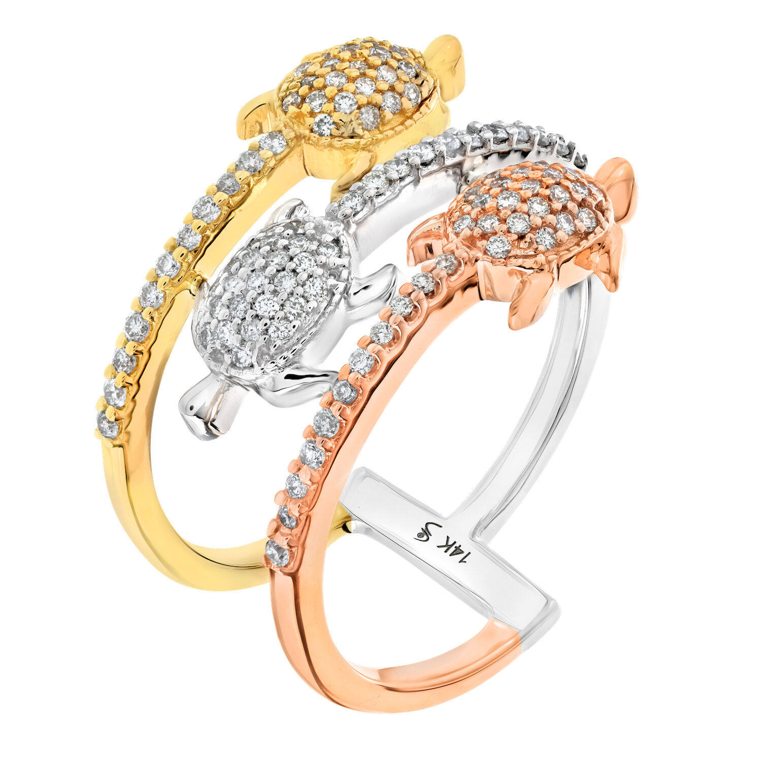 OCEANITY &trade; 14k Two Tone Ring Pave Set 3 Turtles Wrap Diamond 0.40 Ctw