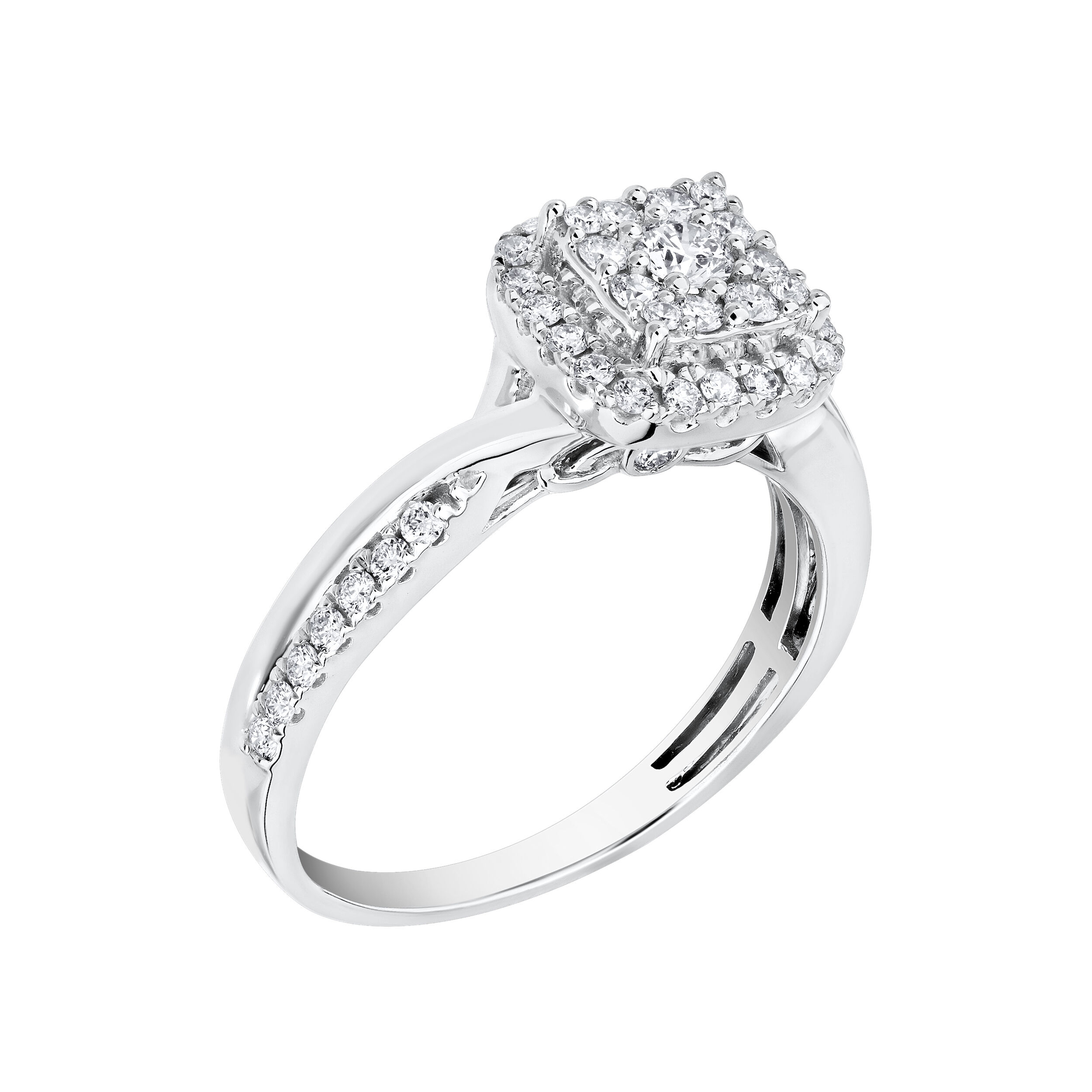 14K White Gold Ring Cushion Shape Cluster Crossover Shoulders Diamond 0.50 Ctw