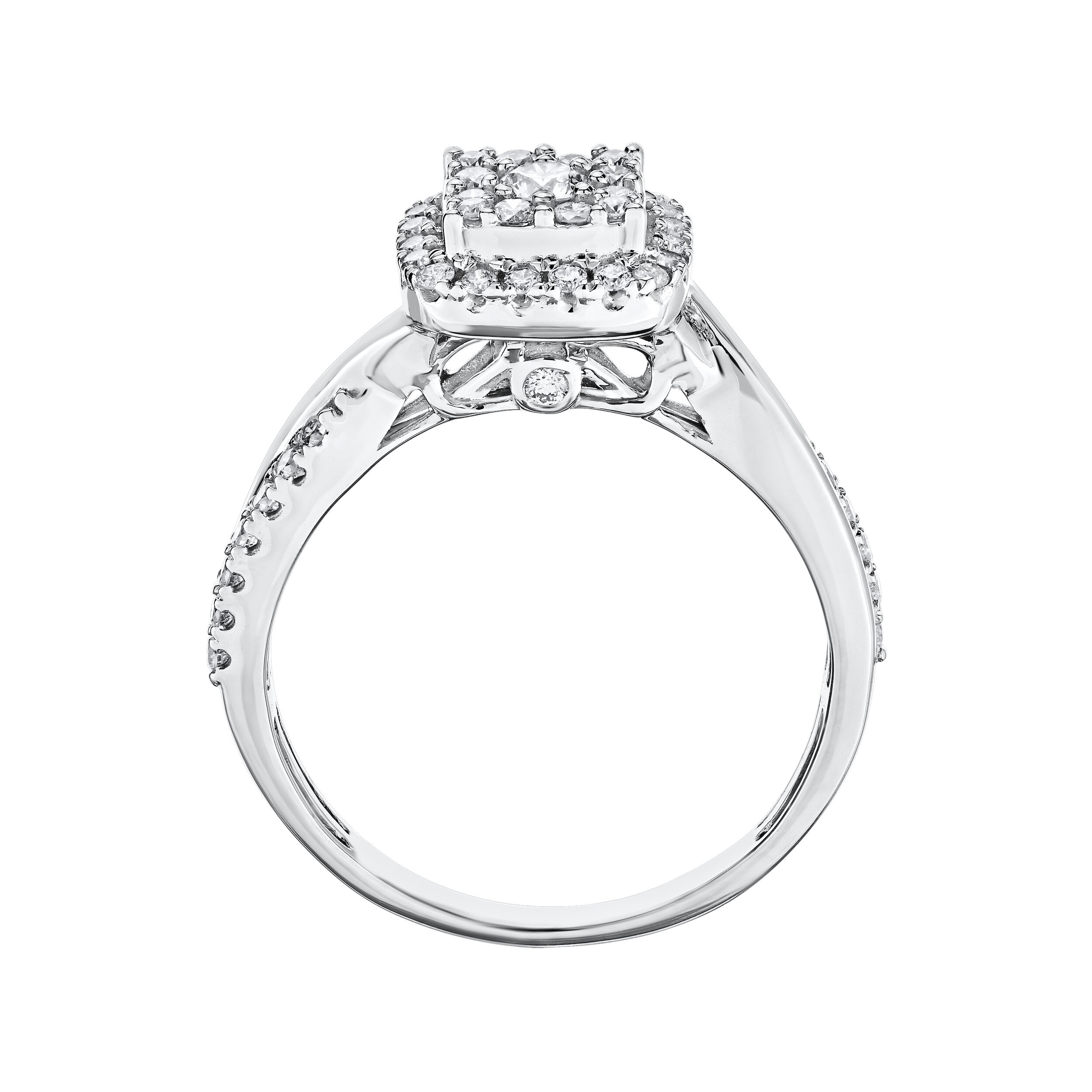 14K White Gold Ring Cushion Shape Cluster Crossover Shoulders Diamond 0.50 Ctw