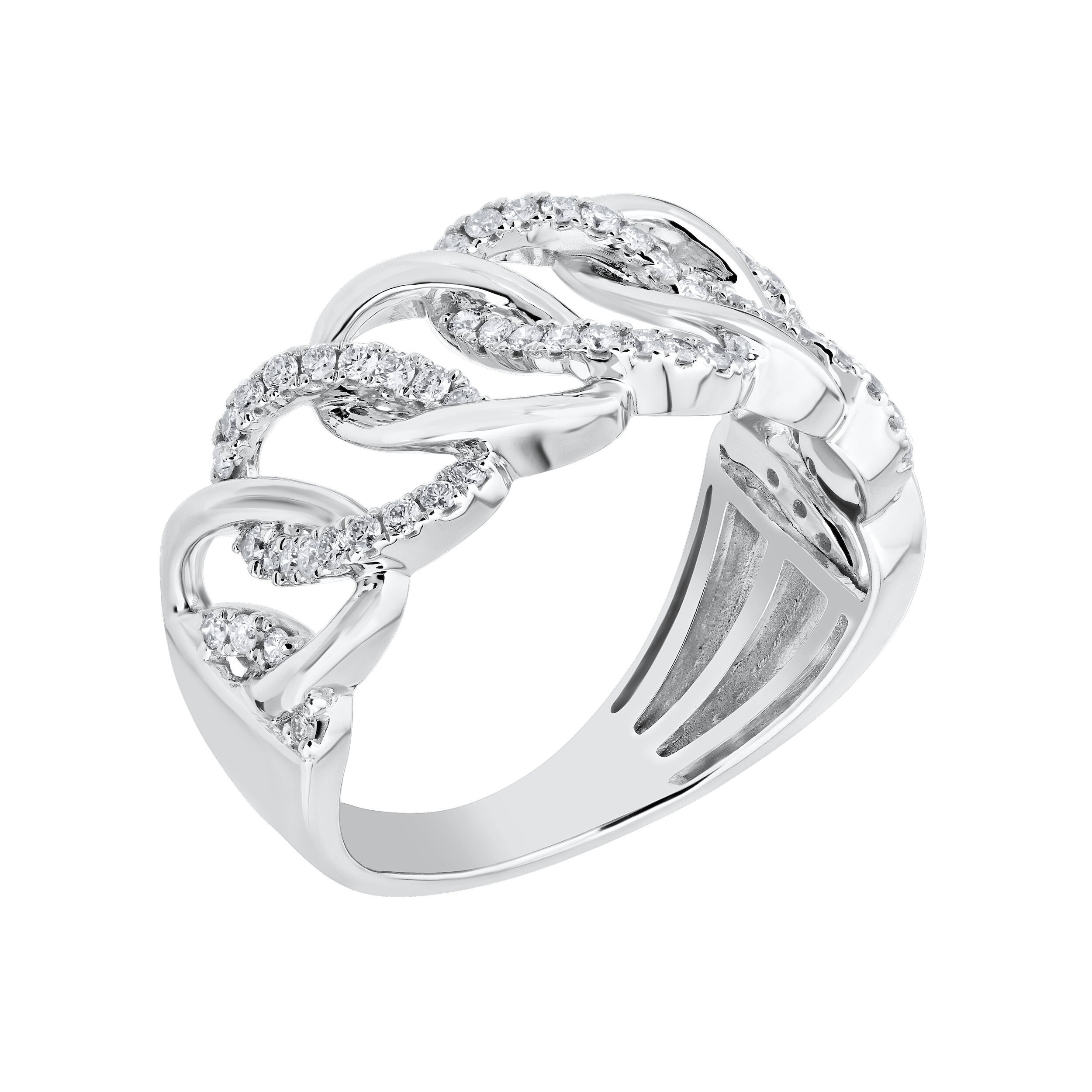 14K White Gold Ring Chain Link Alternating Polished & Pave Diamond 0.33 Ctw