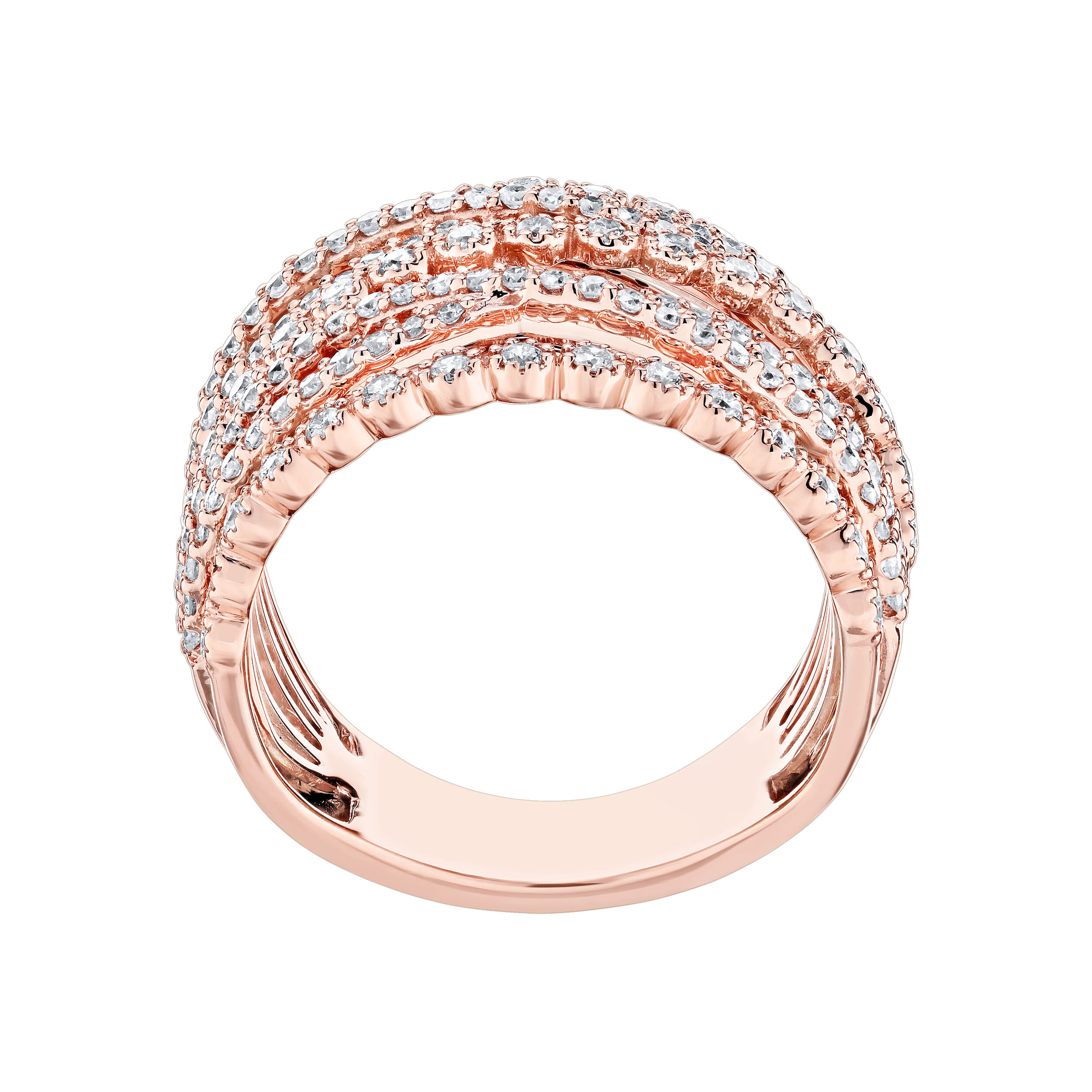 14K Rose Gold Ring Multi Row Diamond Criss-Cross Diamond 1.00 Ctw