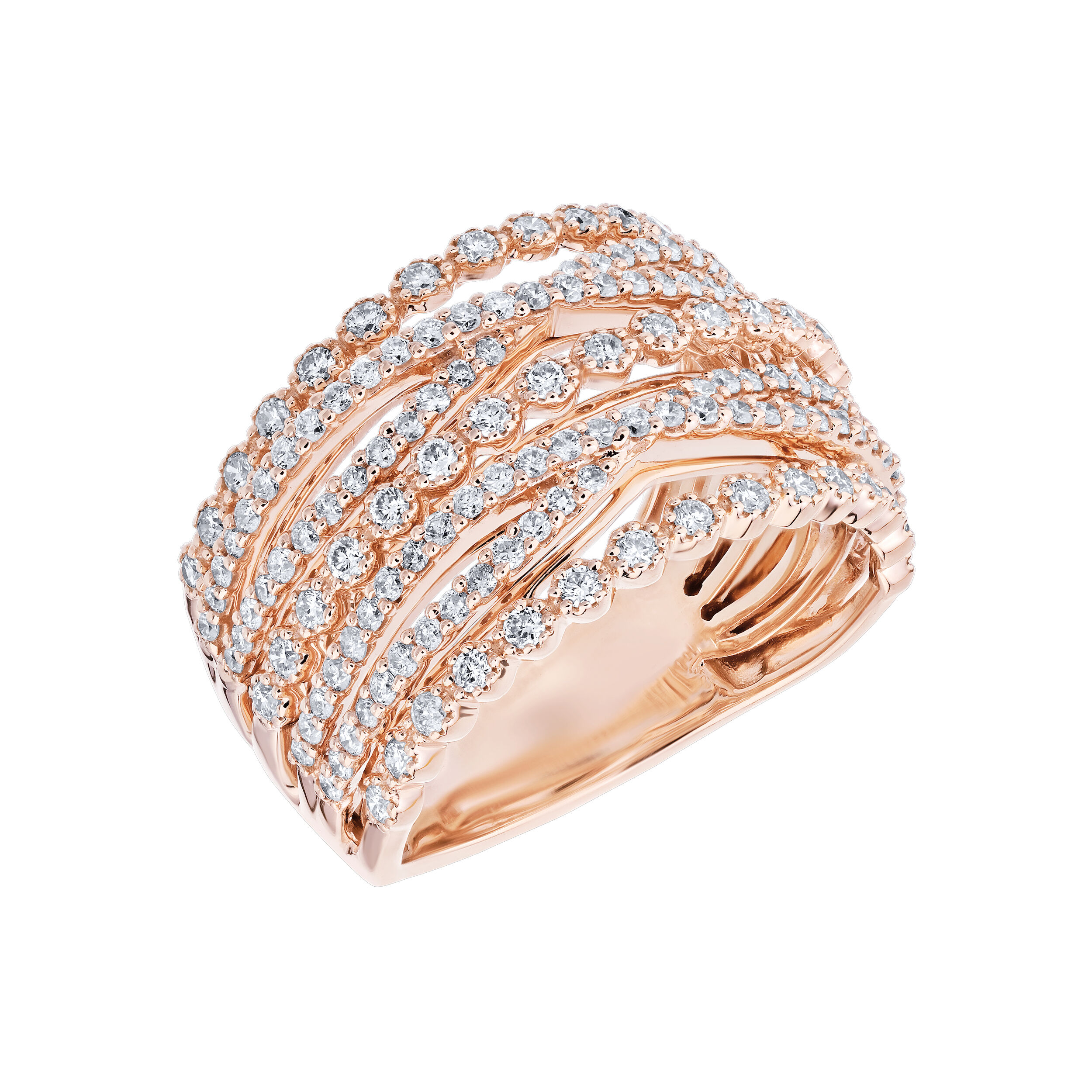 14K Rose Gold Ring Multi Row Diamond Criss-Cross Diamond 1.00 Ctw