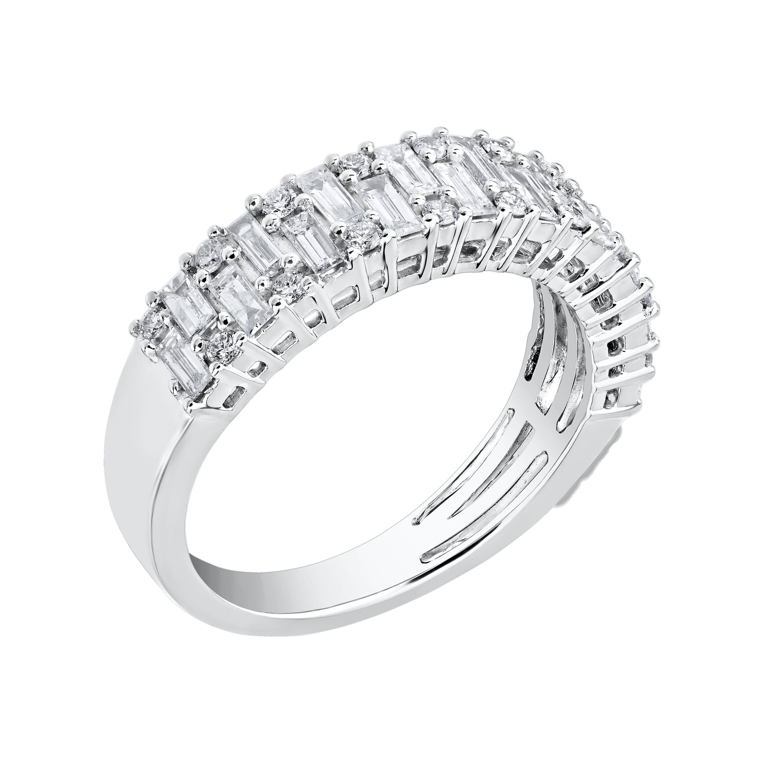 14K White Gold Baguette and Round Prong Set Diamond Ring 0.75 Ctw