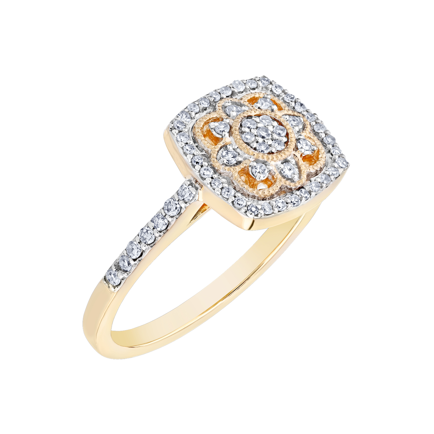 10K Yellow Gold Ring Cushion Shape Filigree Milgrain Diamond 0.25 Ctw