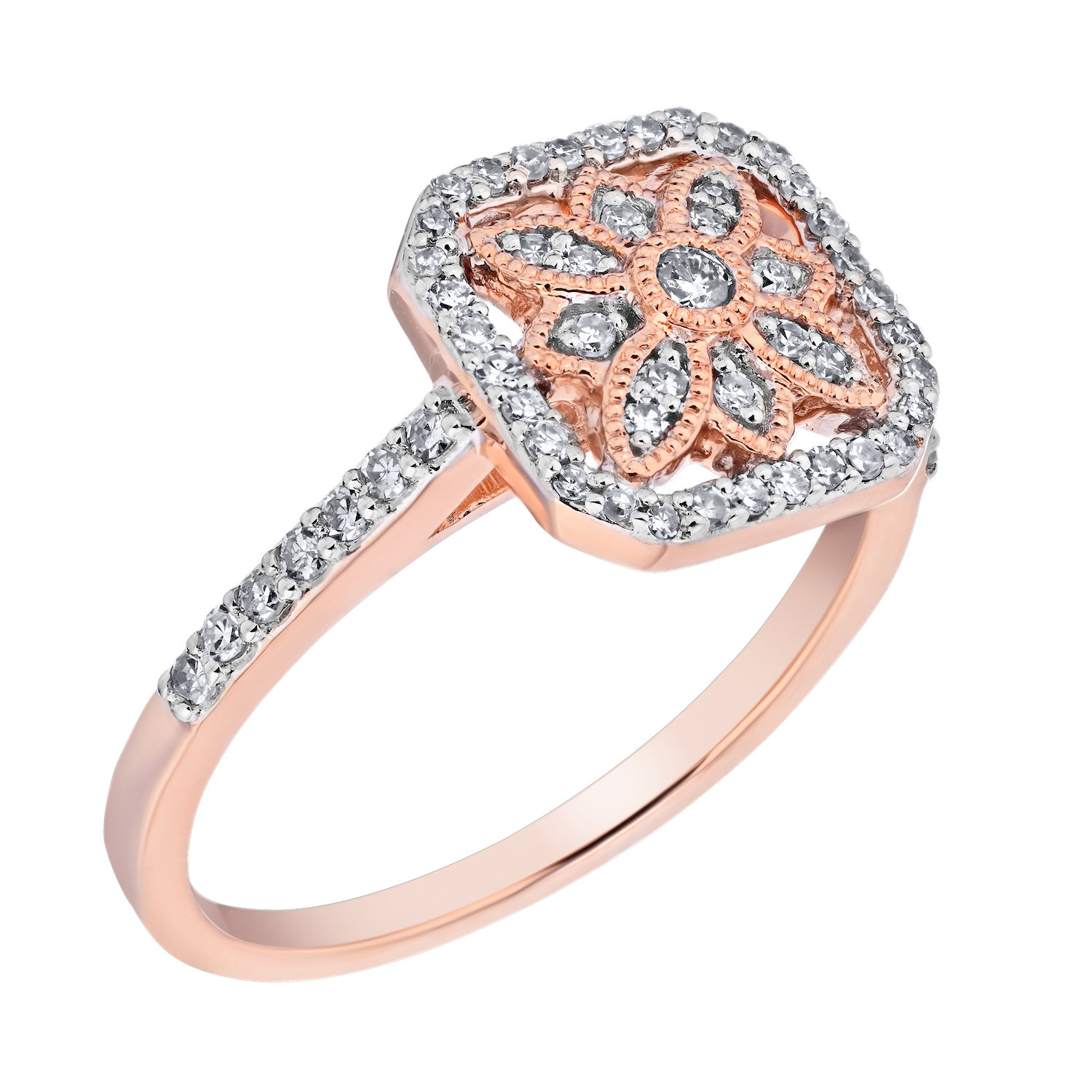 10K Rose Gold Ring Square Shape Filigree Milgrain Diamond 0.25 Ctw