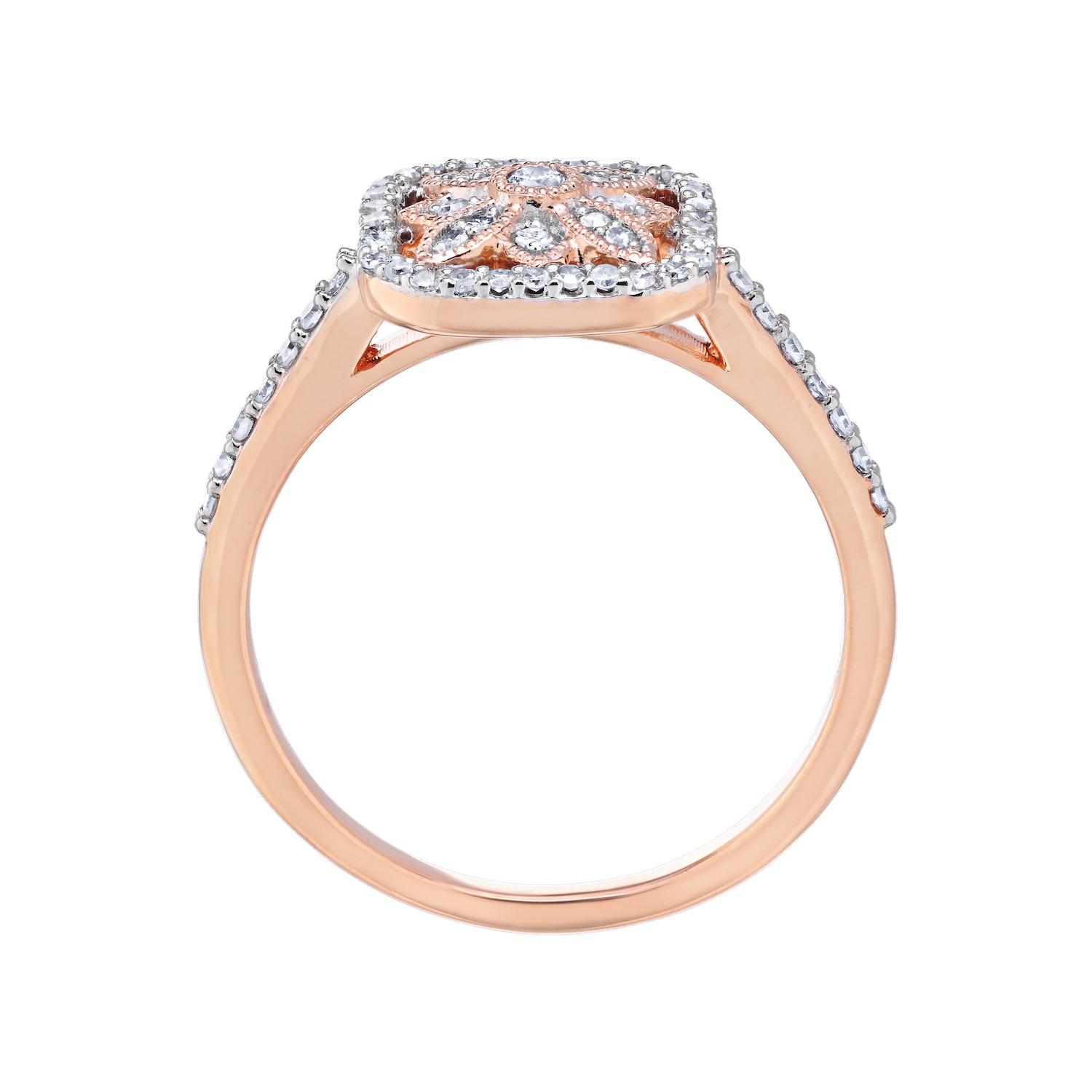 10K Rose Gold Ring Square Shape Filigree Milgrain Diamond 0.25 Ctw