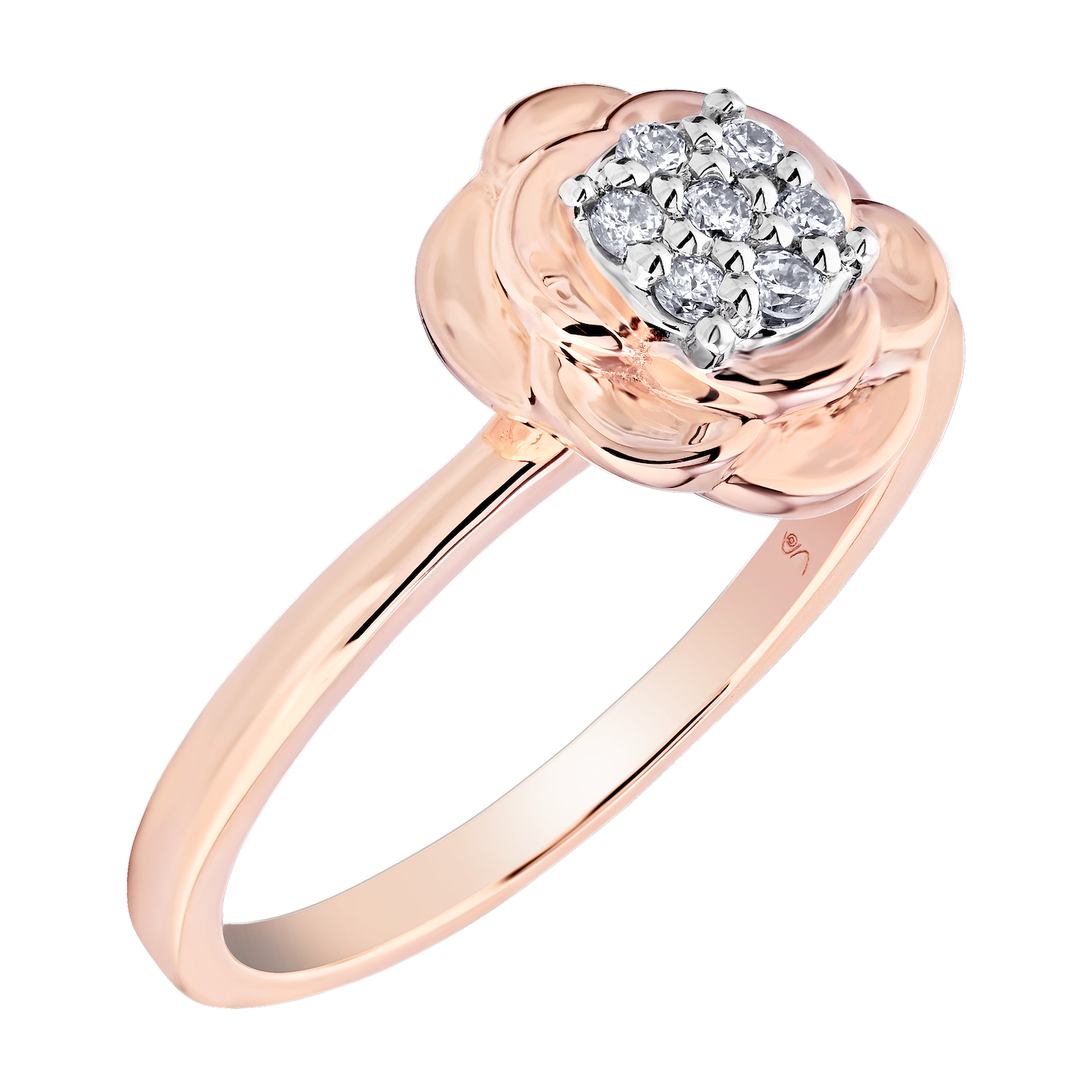 10K Rose Gold Ring Flower Ring Diamond Pave Center Diamond 0.10 Ctw