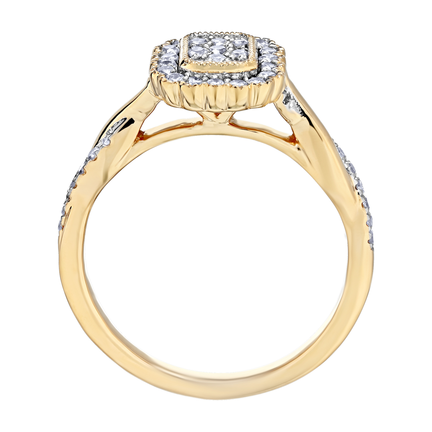 10K Yellow Gold Ring Elongated Cushion Shape Pave Halo Scallop Edge Diamond 0.33 Ctw