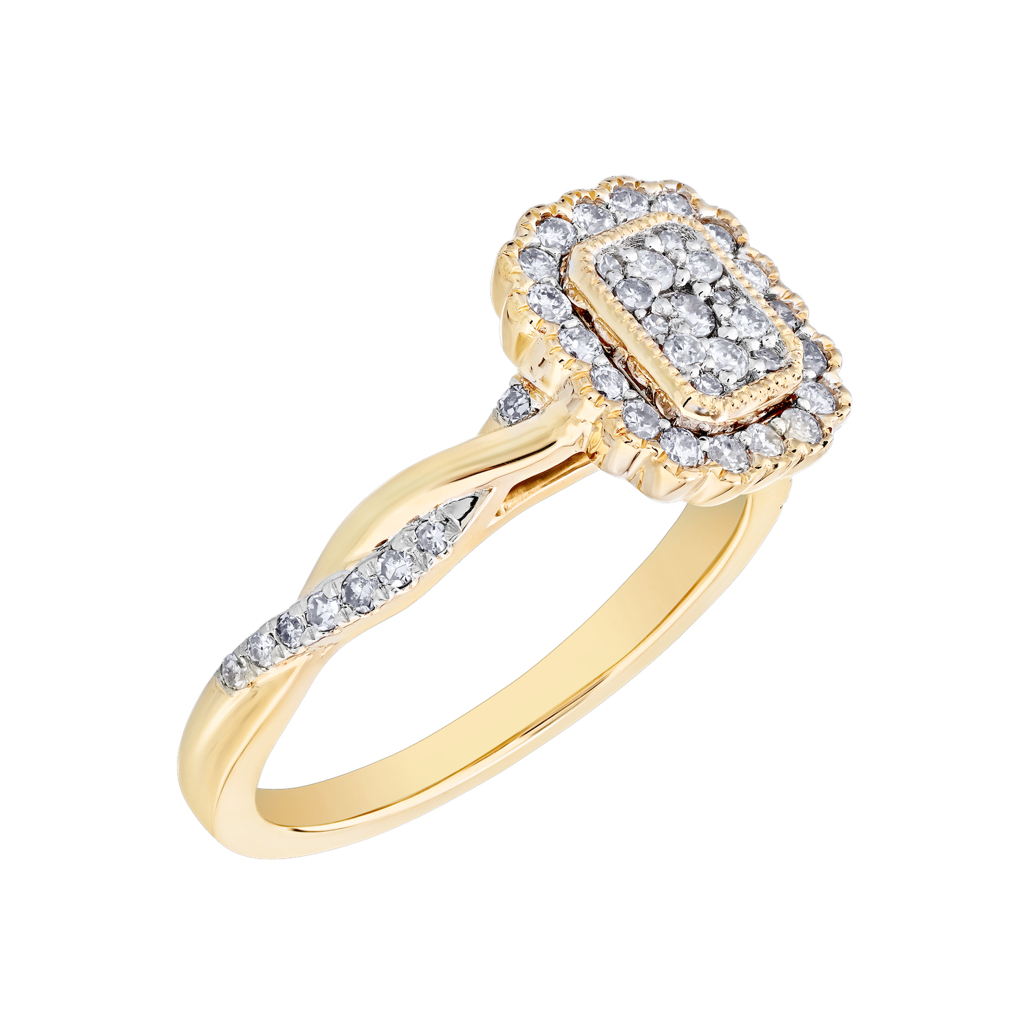 10K Yellow Gold Ring Elongated Cushion Shape Pave Halo Scallop Edge Diamond 0.33 Ctw