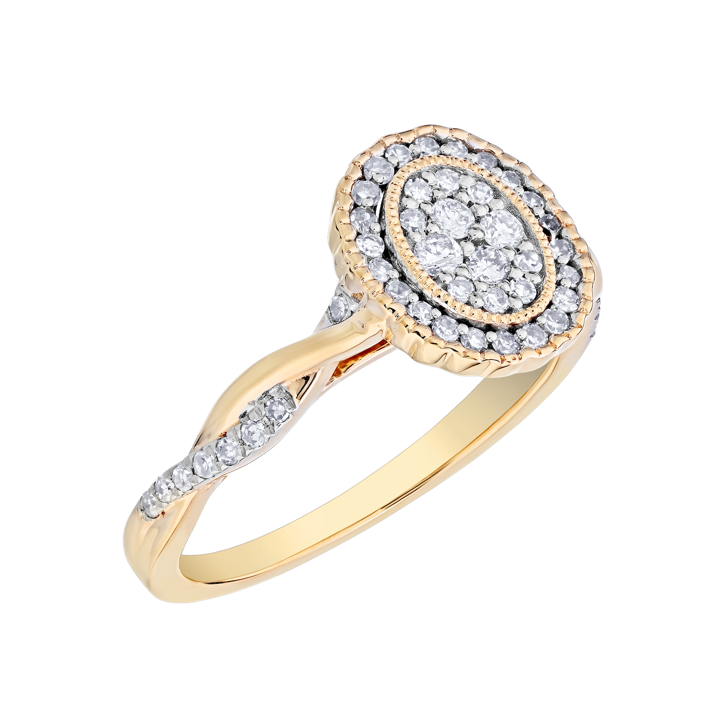 10K Yellow Gold Ring Oval Shape Pave Halo Crossover Shoulders Diamond 0.33 Ctw