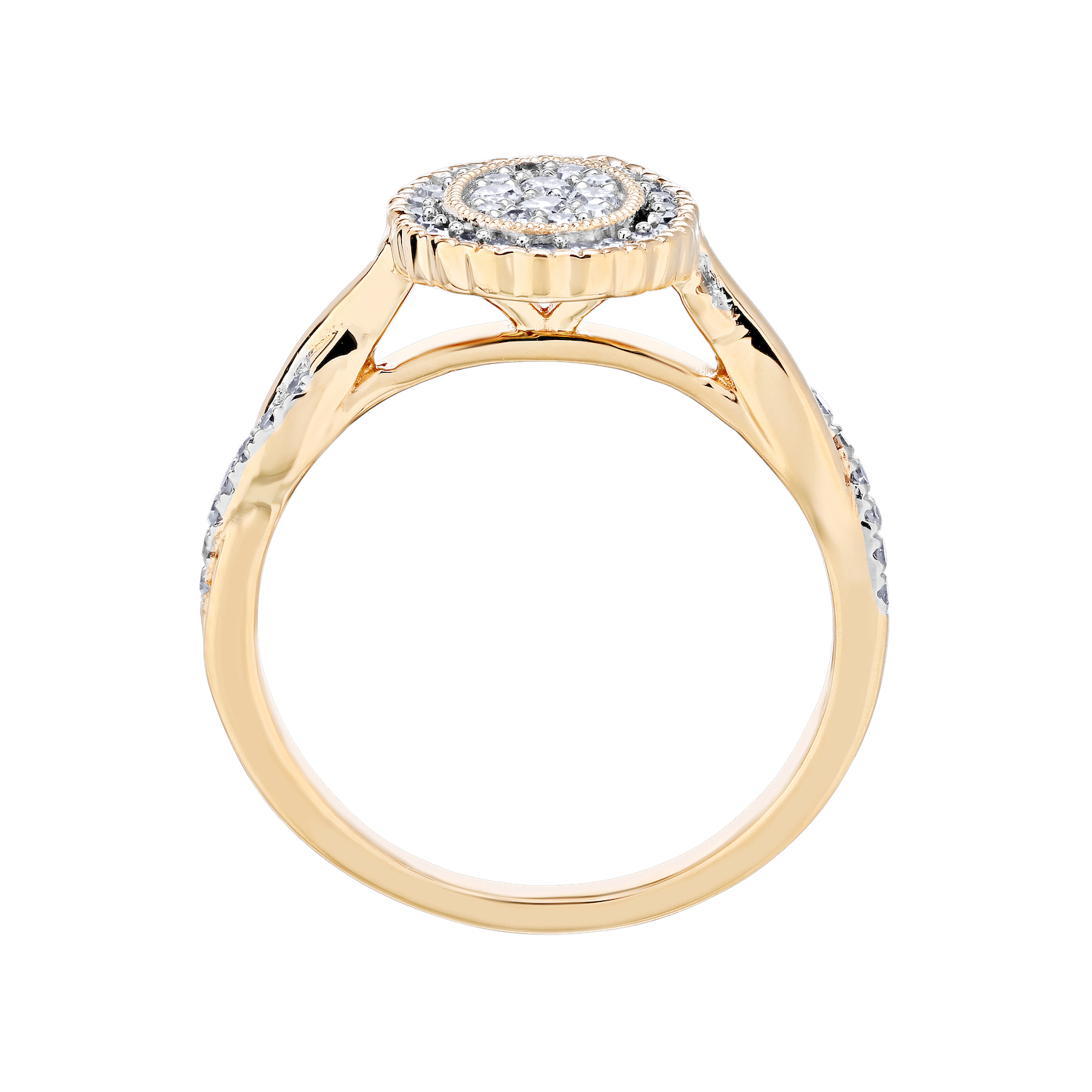 10K Yellow Gold Ring Oval Shape Pave Halo Crossover Shoulders Diamond 0.33 Ctw