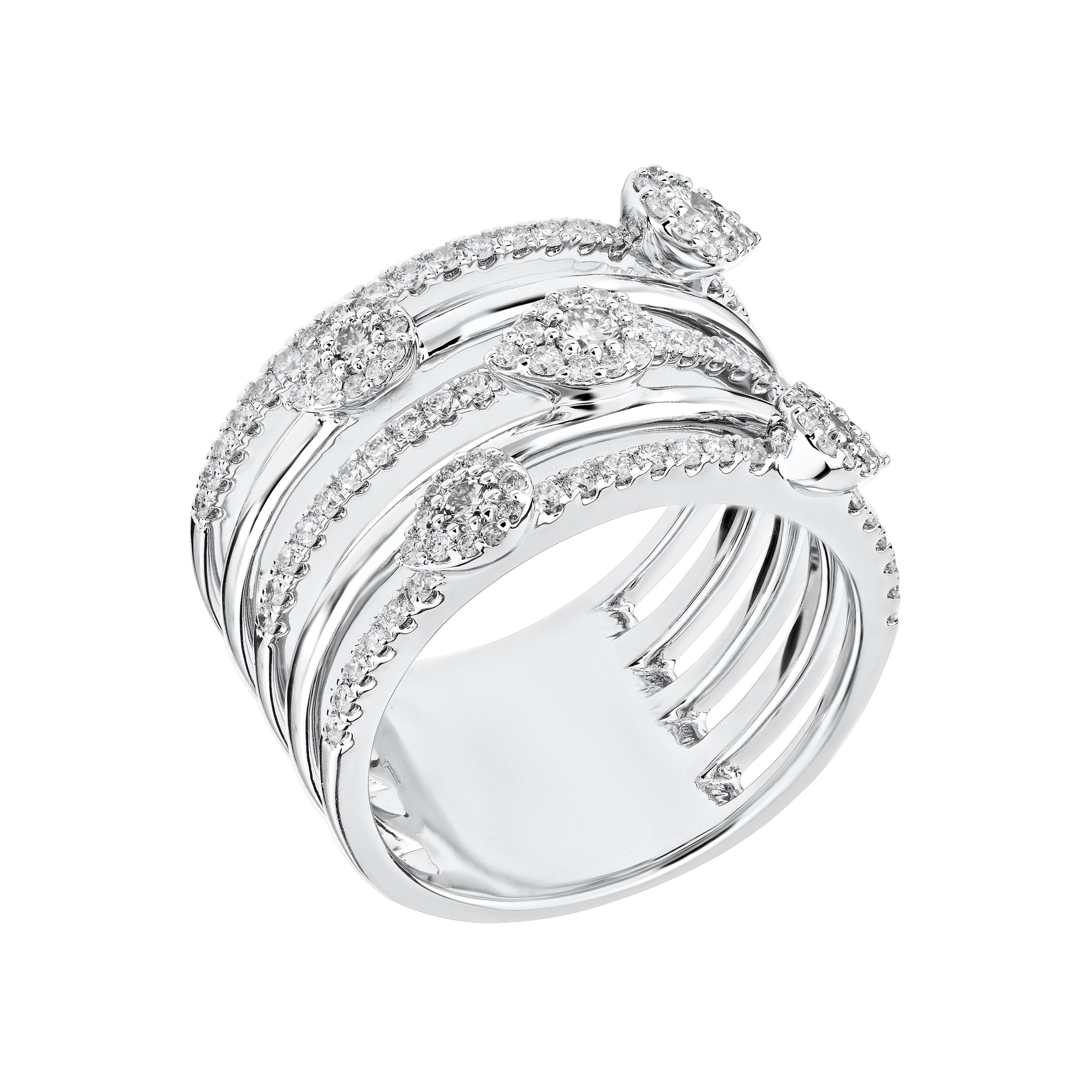 14K White Gold Ring 5 Row Alternating Pave & Polished with Clusters Diamond 0.75 Ctw