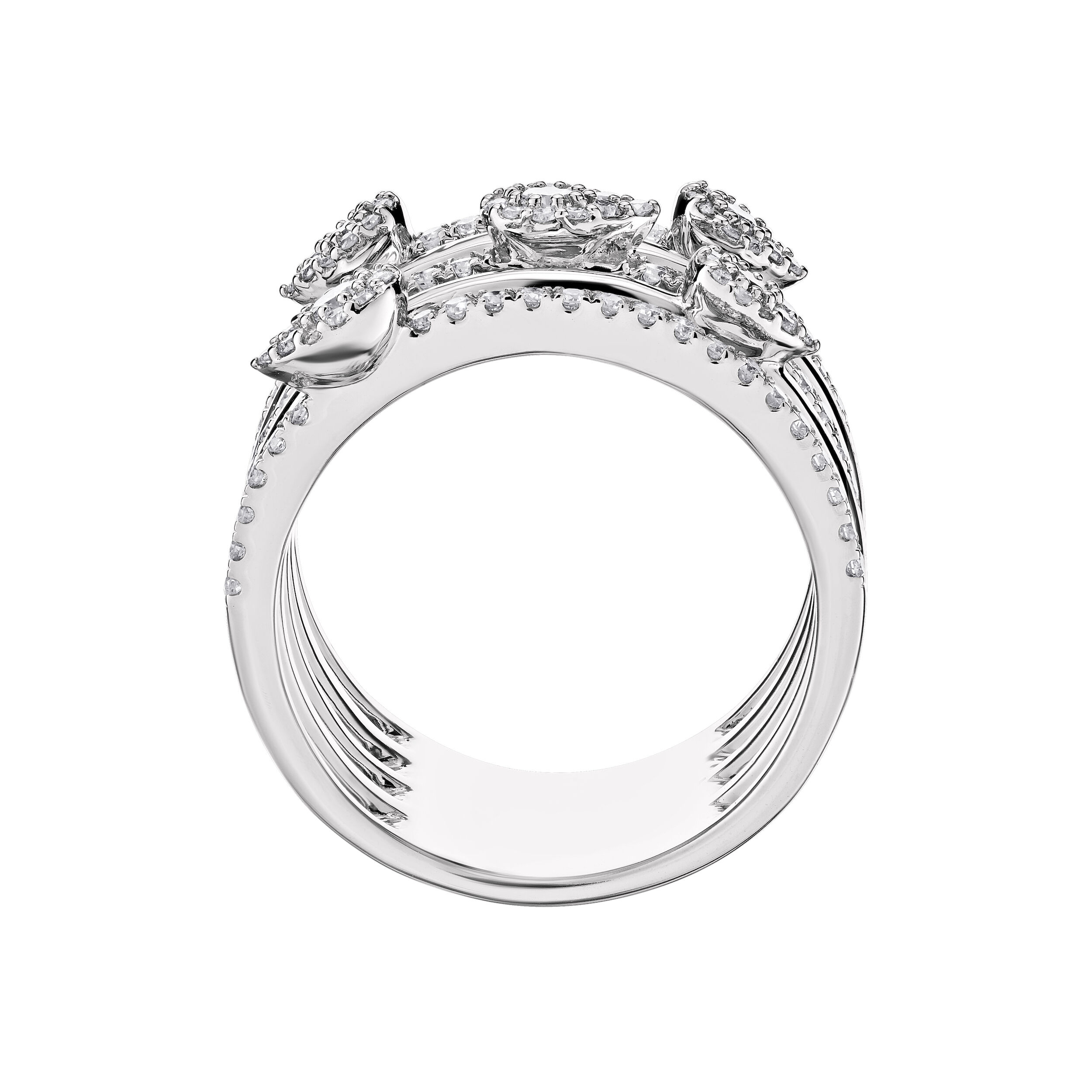 14K White Gold Ring 5 Row Alternating Pave & Polished with Clusters Diamond 0.75 Ctw