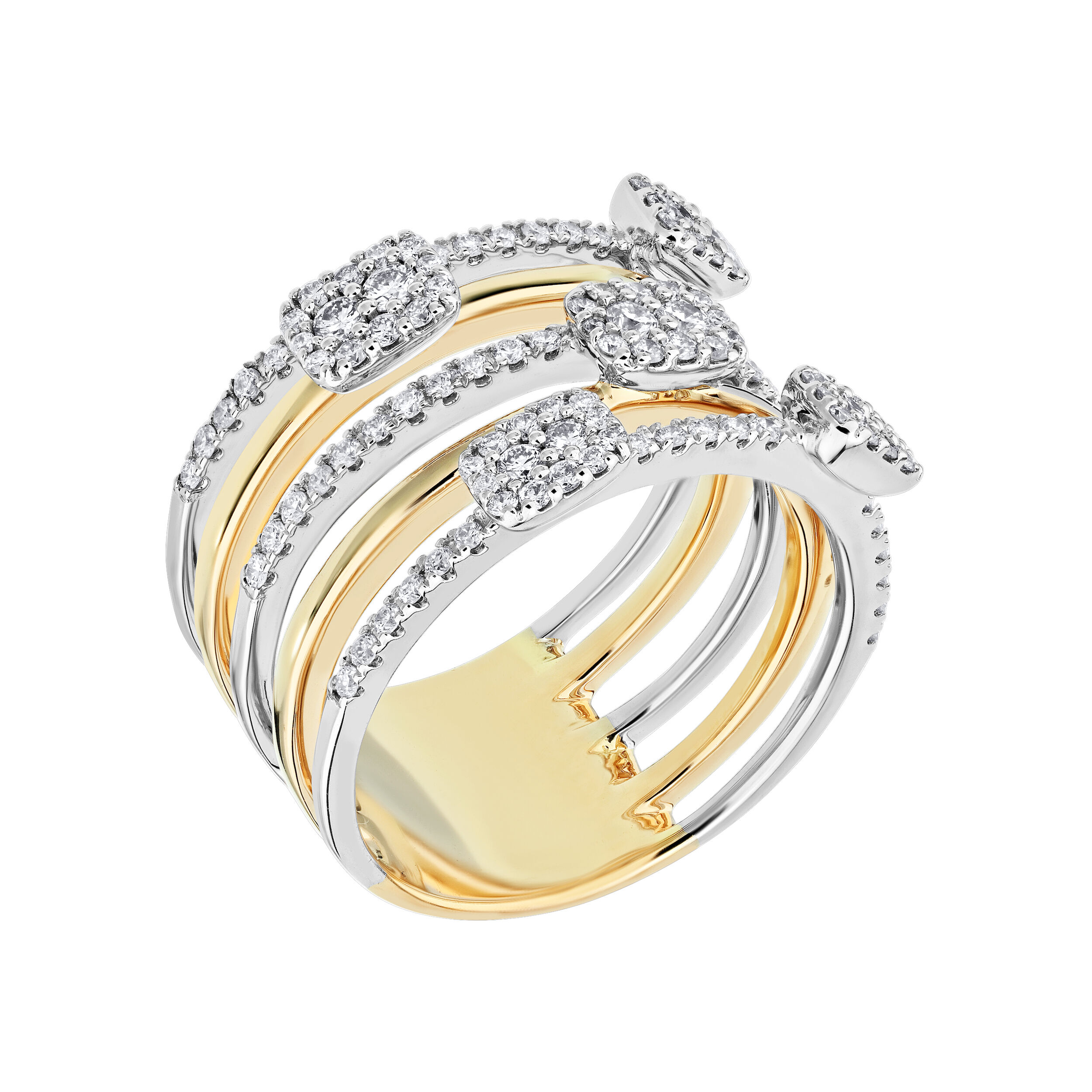 14K Two Tone Ring 5 Row Alternating Pave & Polished Cushions Shape Clusters Diamond 0.75 Ctw