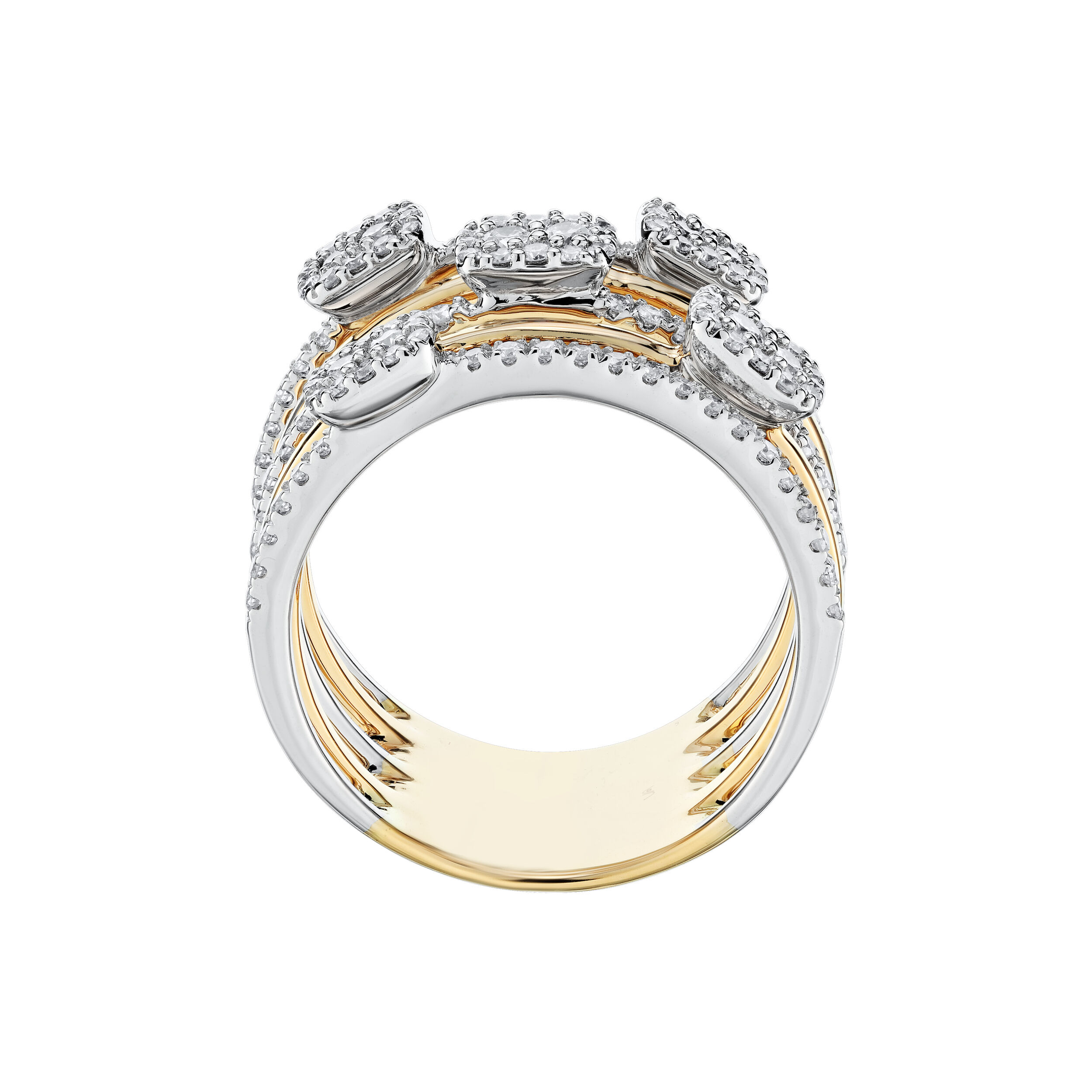 14K Two Tone Ring 5 Row Alternating Pave & Polished Cushions Shape Clusters Diamond 0.75 Ctw