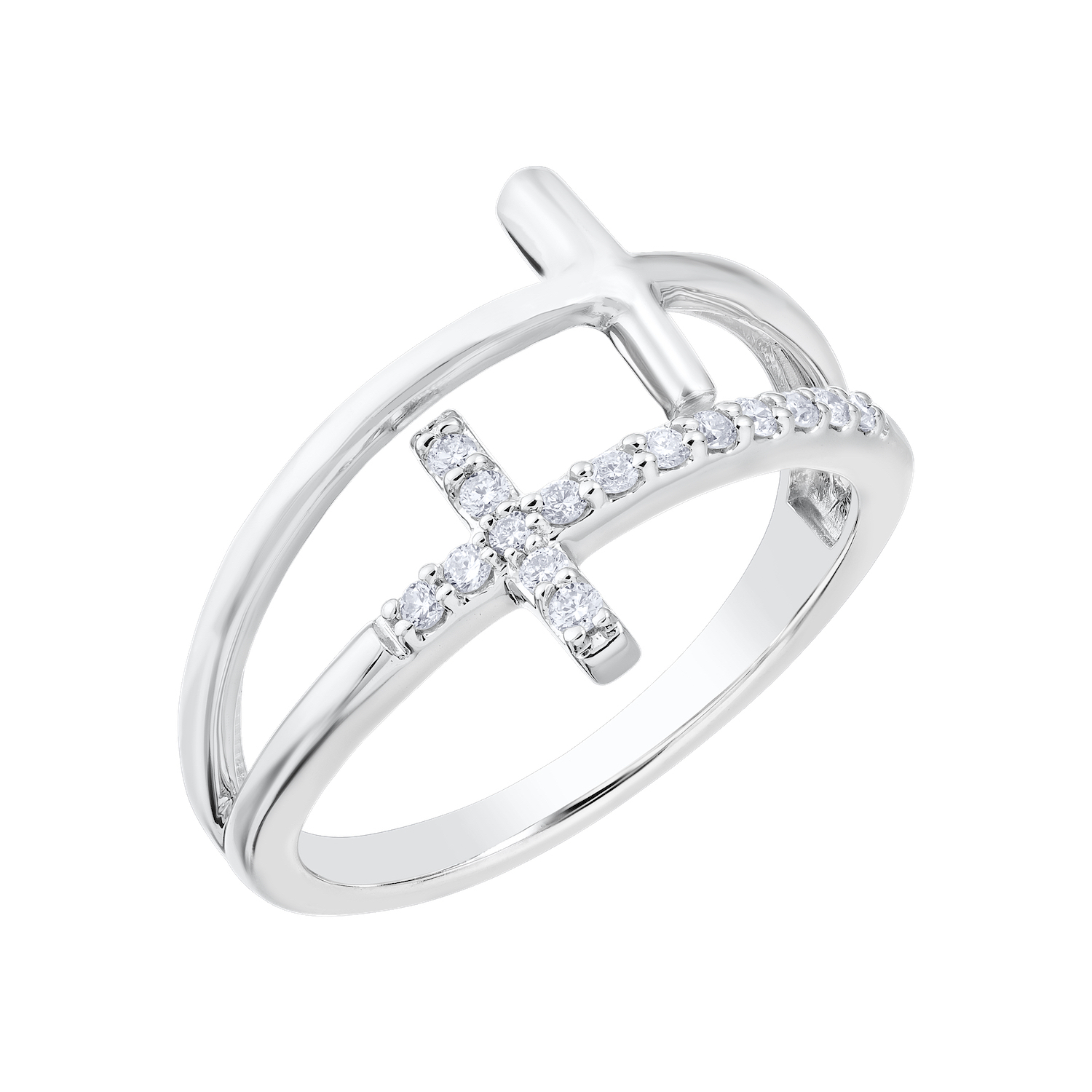 14K White Gold Ring 2 Cross One Pave One Polished Split Shank Diamond 0.10 Ctw
