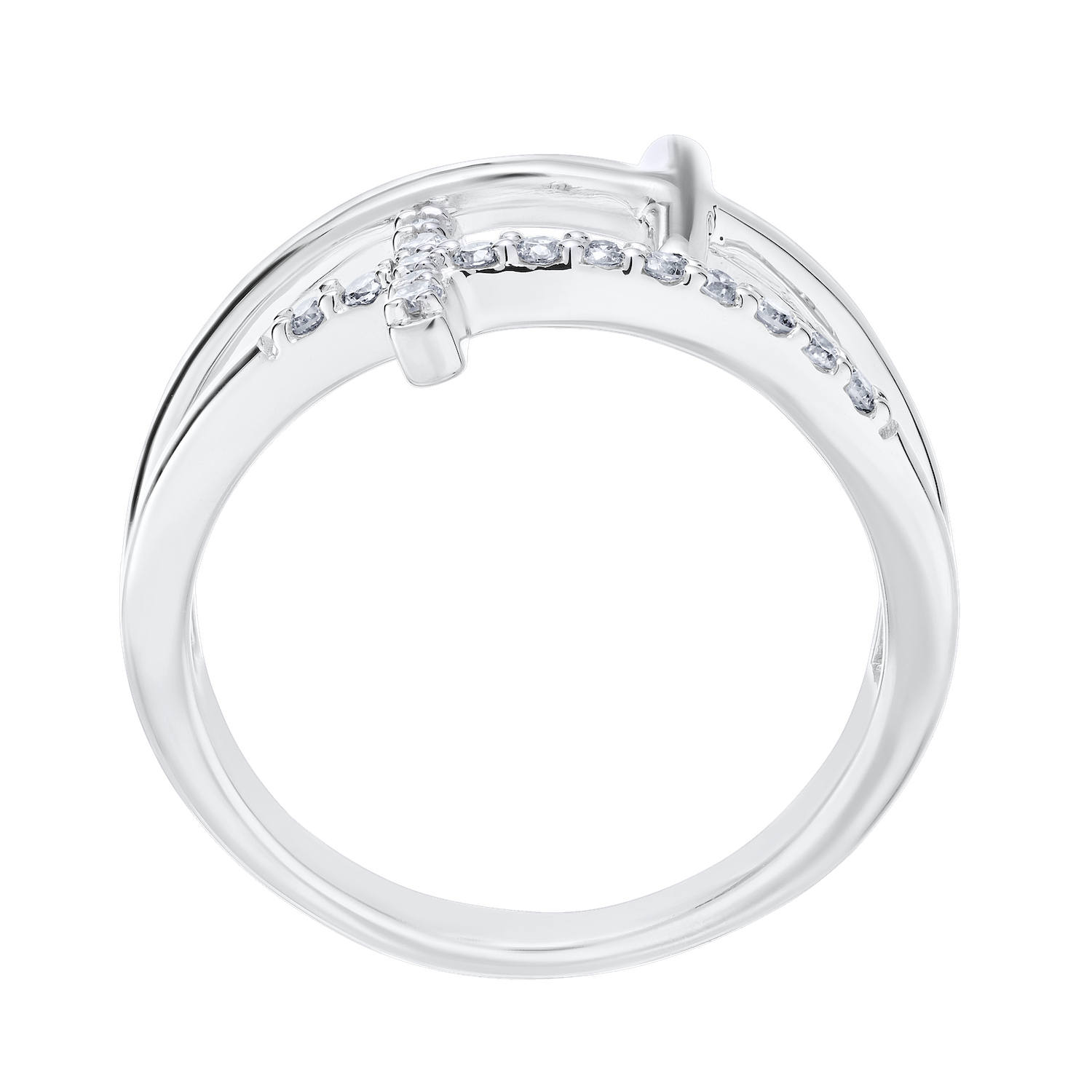 14K White Gold Ring 2 Cross One Pave One Polished Split Shank Diamond 0.10 Ctw