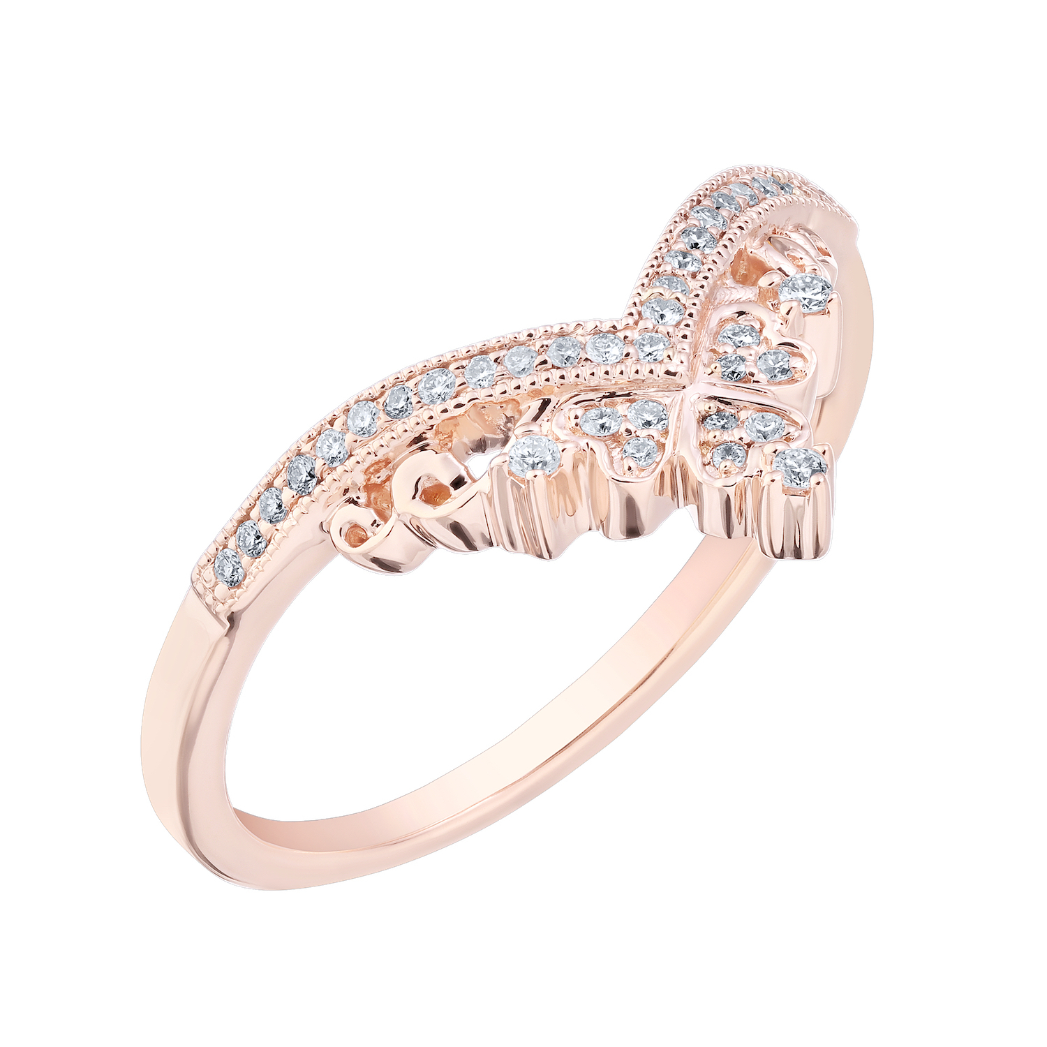 14K Rose Gold Ring V Shaped Filigree Tiara Diamond 0.33 Ctw