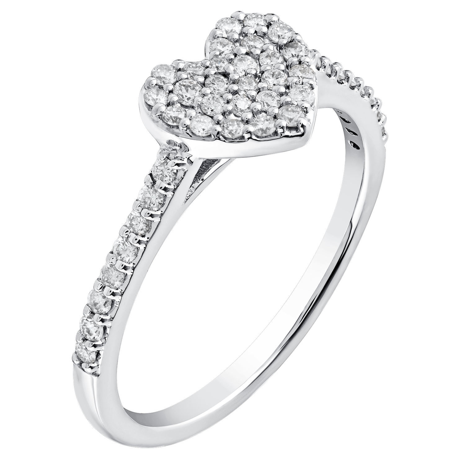 14K White Gold Ring Pave Heart with Bead Set Shoulders Diamond 0.33 Ctw