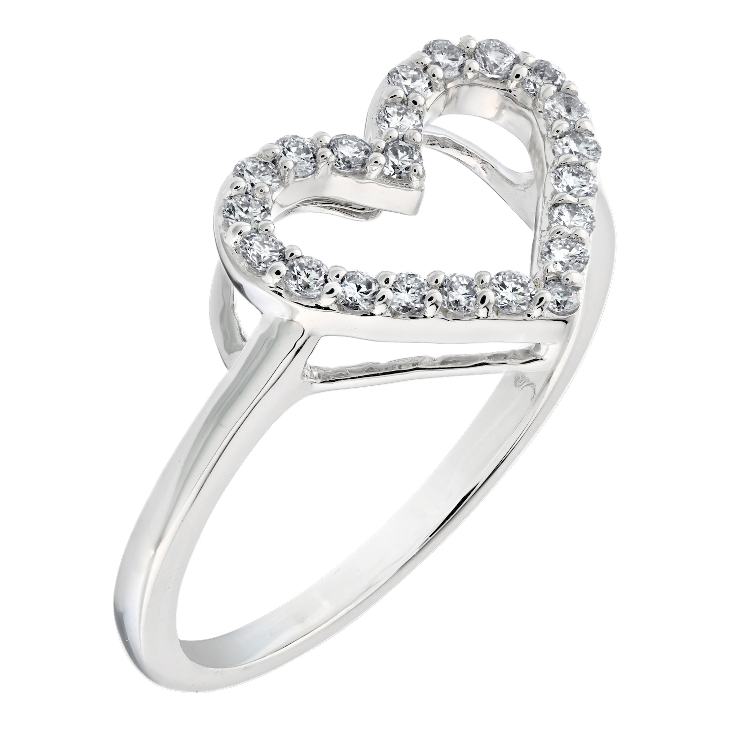 14K White Gold Ring Cutout Heart Plain Shank Diamond 0.25 Ctw