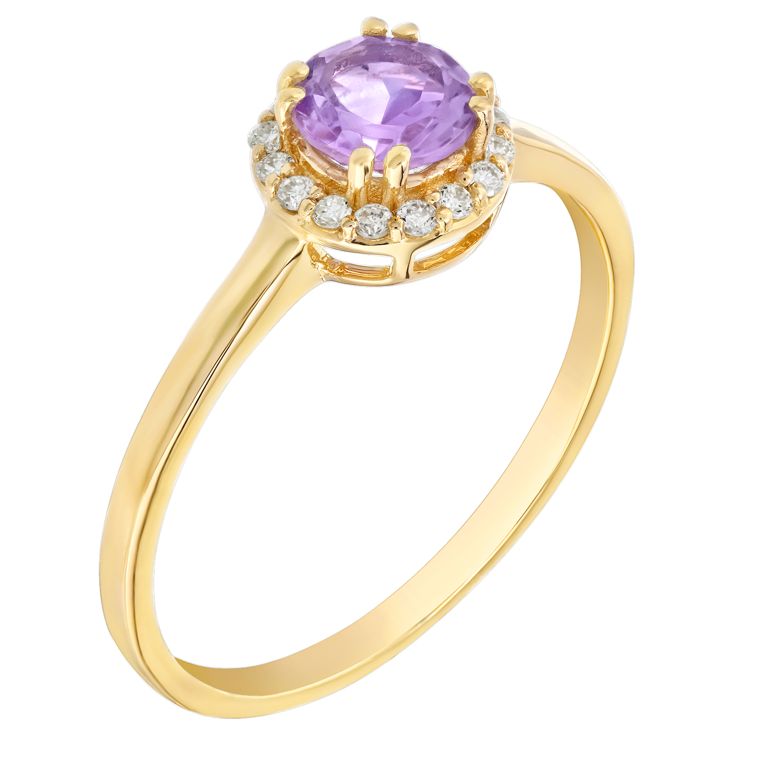 Birthstone Collection 10K Yellow Gold Round Center with Halo Plain Shank Ring Diamond and Amethyst 0.60 Ctw