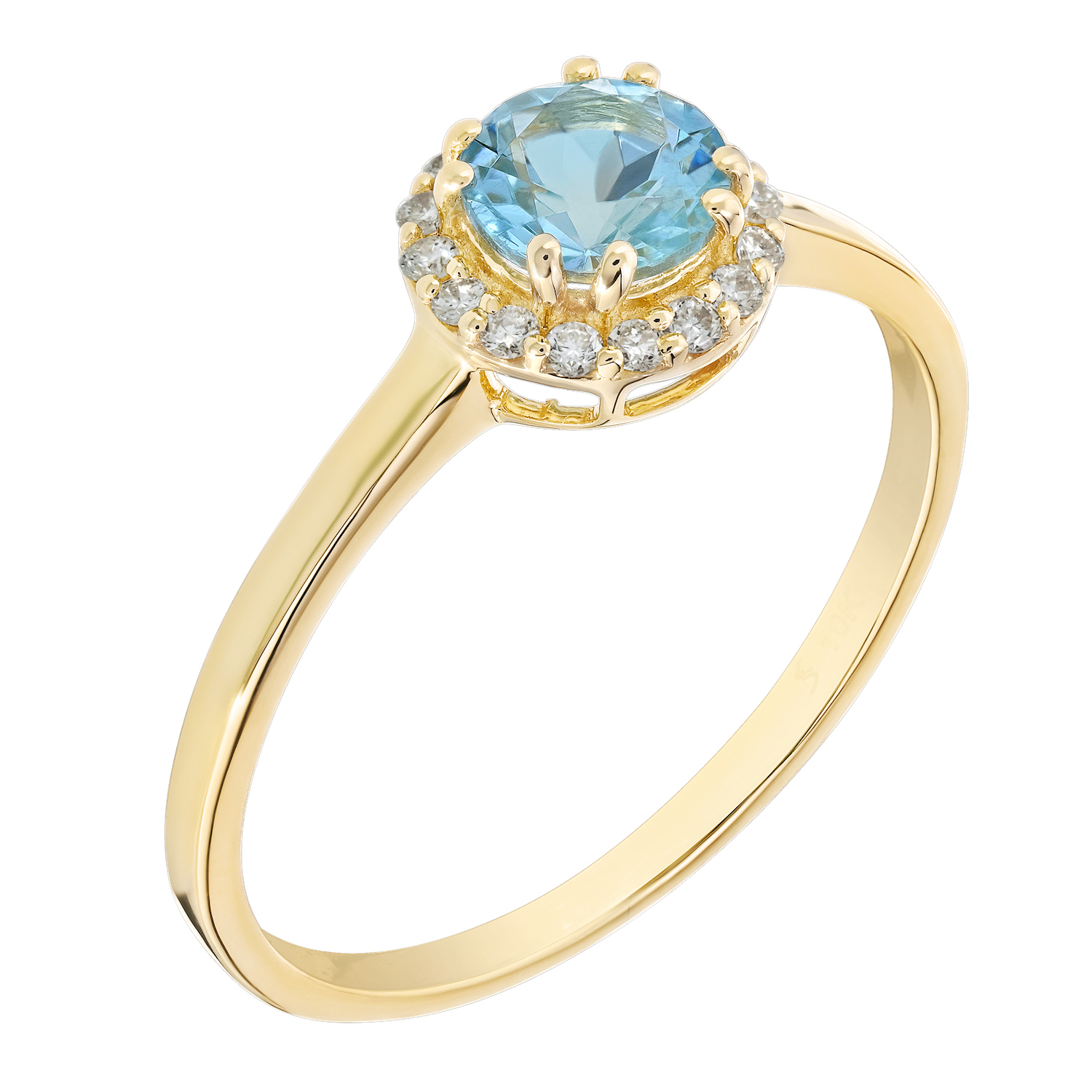 Birthstone Collection 10K Yellow Gold Round Center with Halo Plain Shank Ring Diamond and Aqua 0.60 Ctw