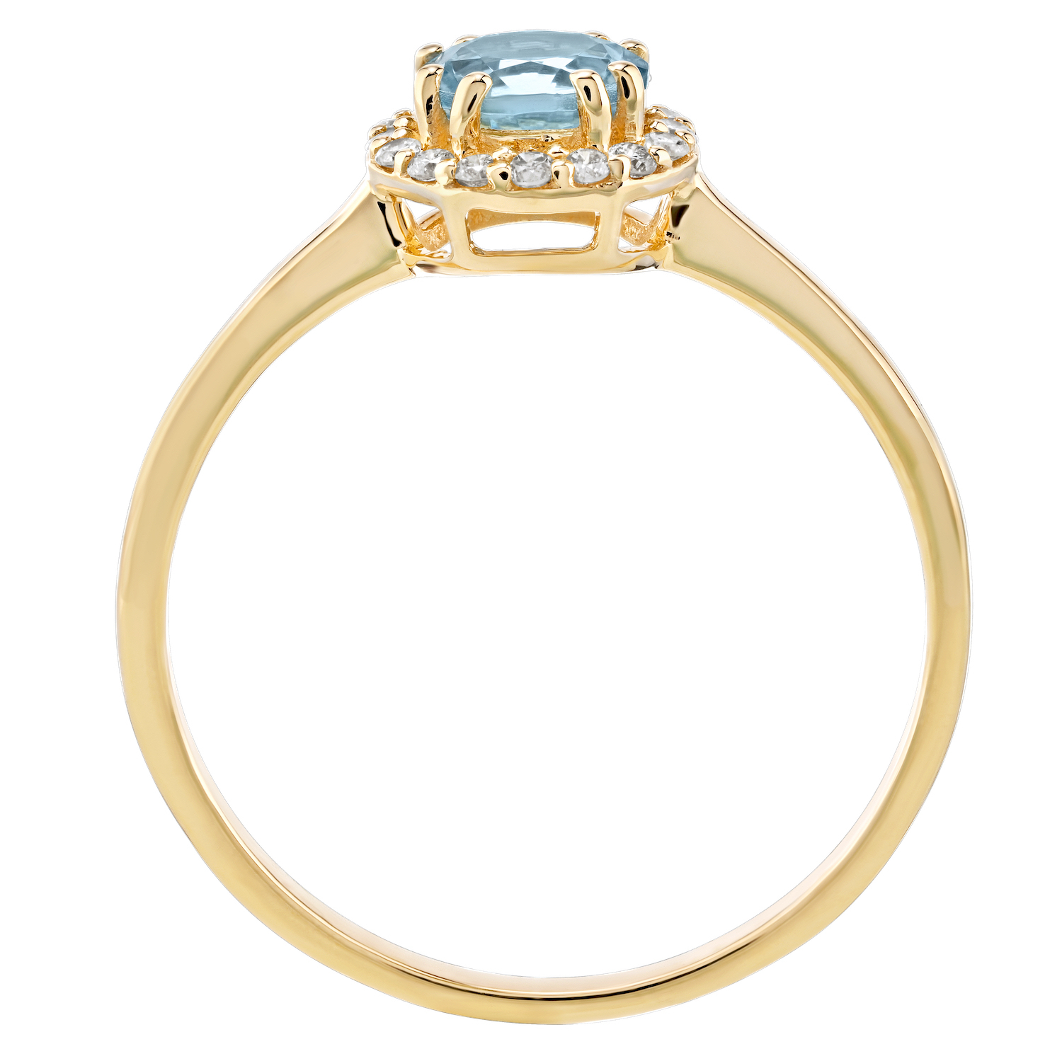 Birthstone Collection 10K Yellow Gold Round Center with Halo Plain Shank Ring Diamond and Aqua 0.60 Ctw