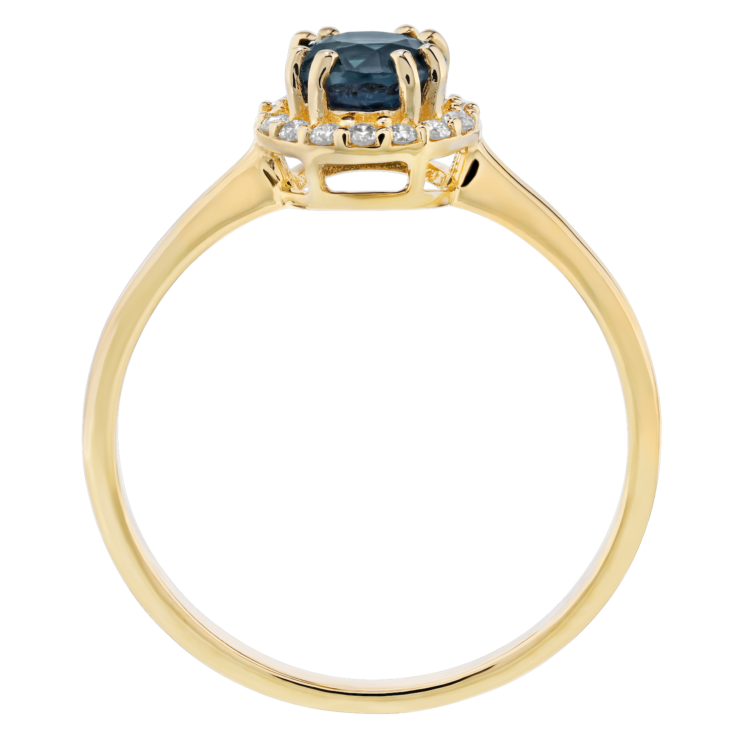 Birthstone Collection 10K Yellow Gold Round Center with Halo Plain Shank Ring Diamond and Blue Sapphire 0.60 Ctw