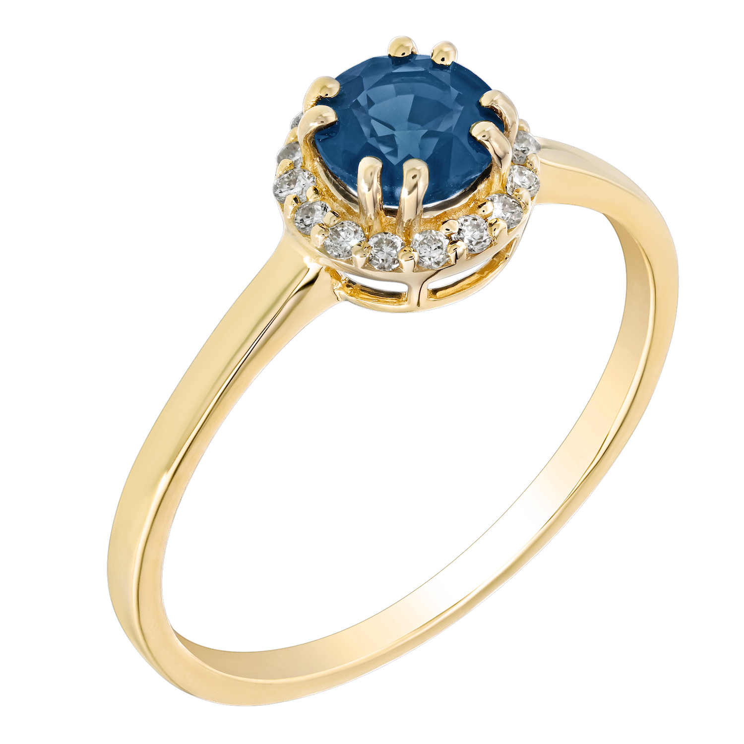 Birthstone Collection 10K Yellow Gold Round Center with Halo Plain Shank Ring Diamond and Blue Sapphire 0.60 Ctw