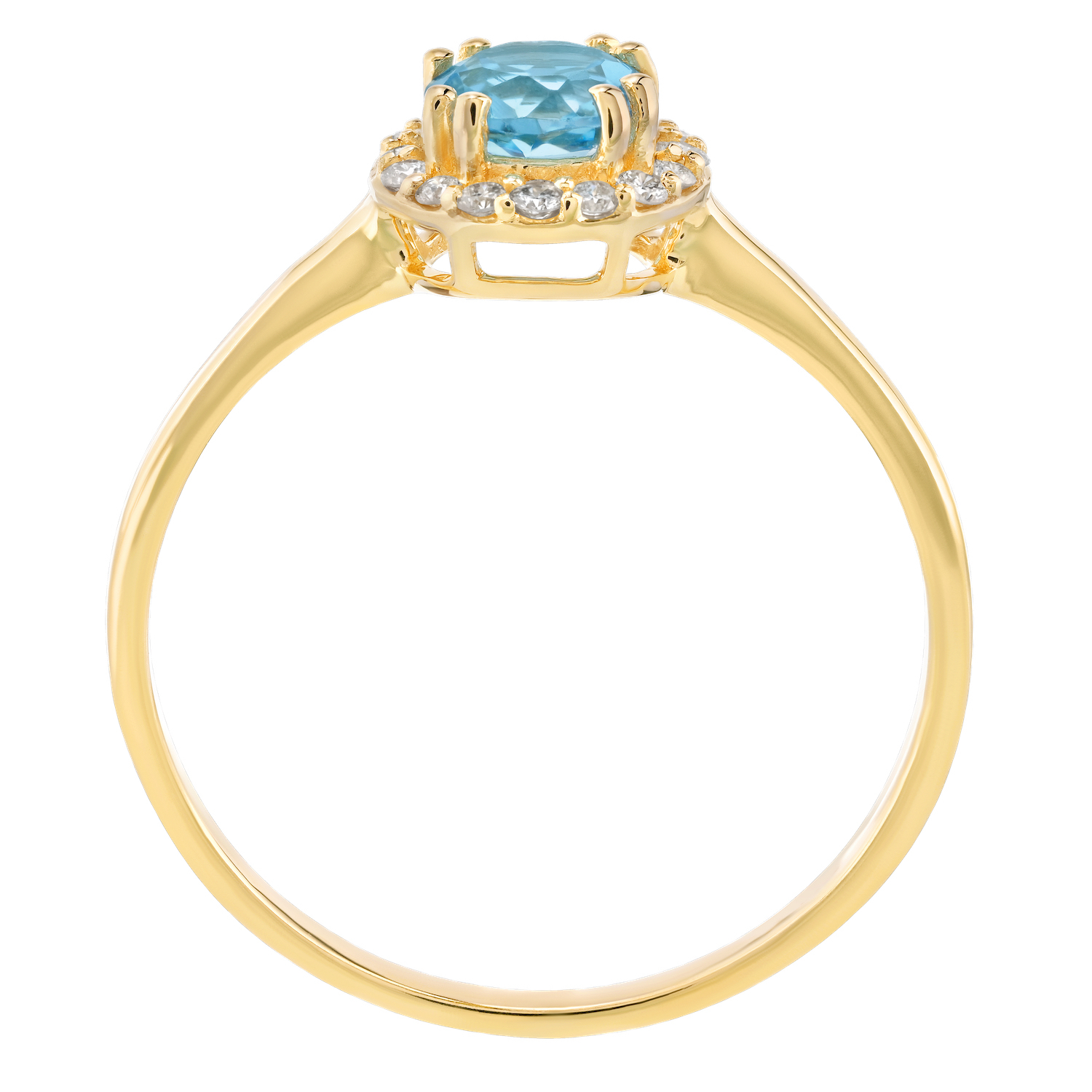 Birthstone Collection 10K Yellow Gold Round Center with Halo Plain Shank Ring Diamond and Blue Topaz 0.60 Ctw